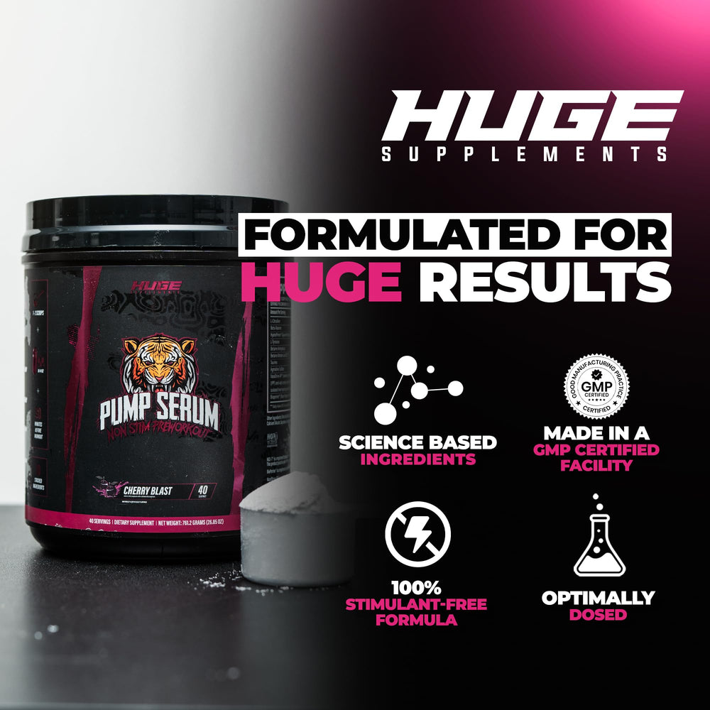 Huge Supplements Pump Serum mixing glass shows smooth texture and Cherry Blast flavor.