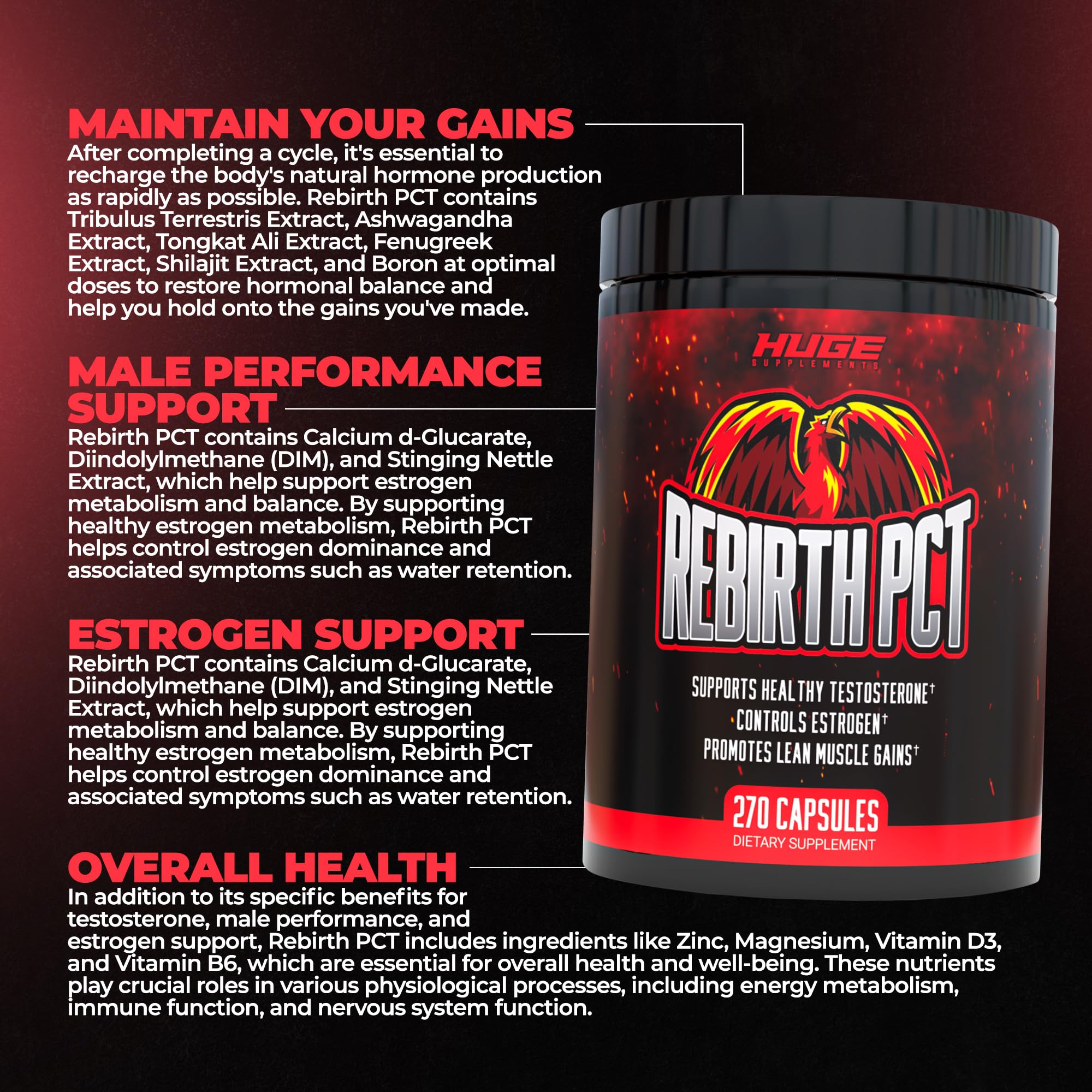 Huge Supplements Rebirth PCT label front emphasizing optimized dosages for recovery support