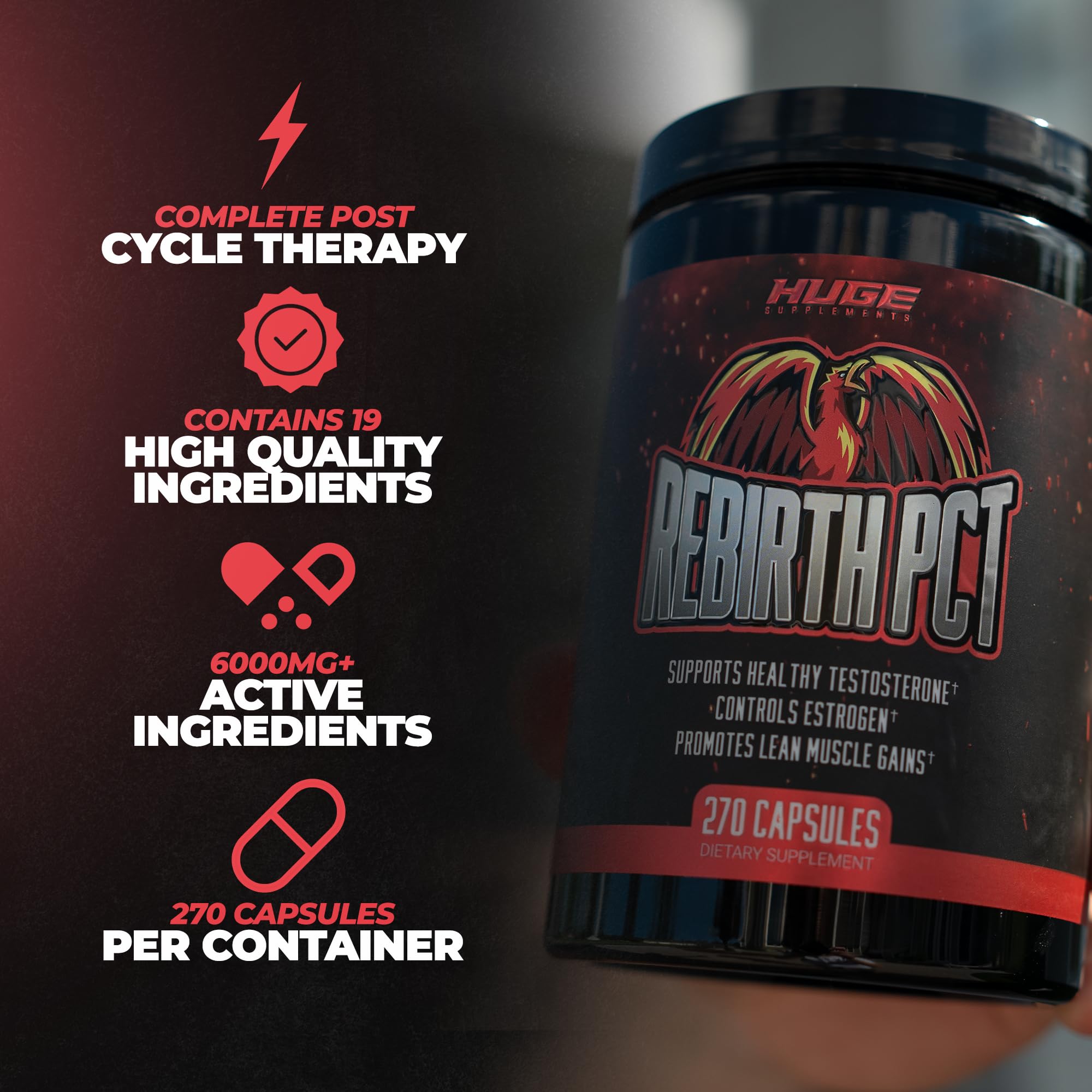 Huge Supplements Rebirth PCT serving scoop highlighting high active mg per serving for recovery