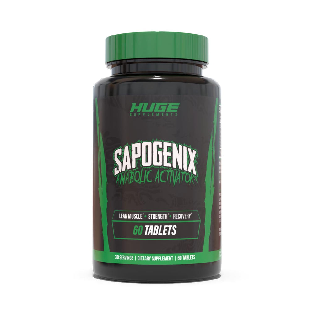 Huge Supplements Sapogenix bottle packaging highlighting premium anabolic support for workouts