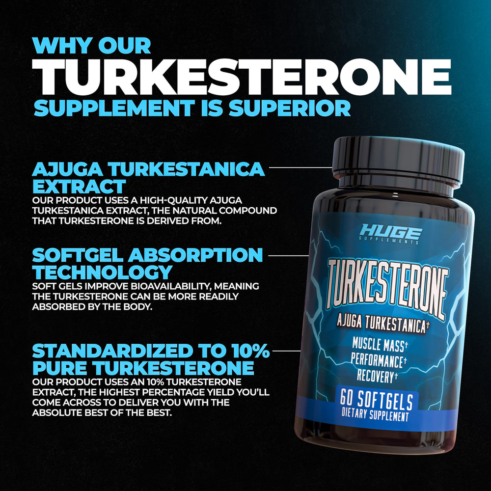 Huge Supplements Turkesterone bottle label highlighting Ajuga turkestanica content and dosage.