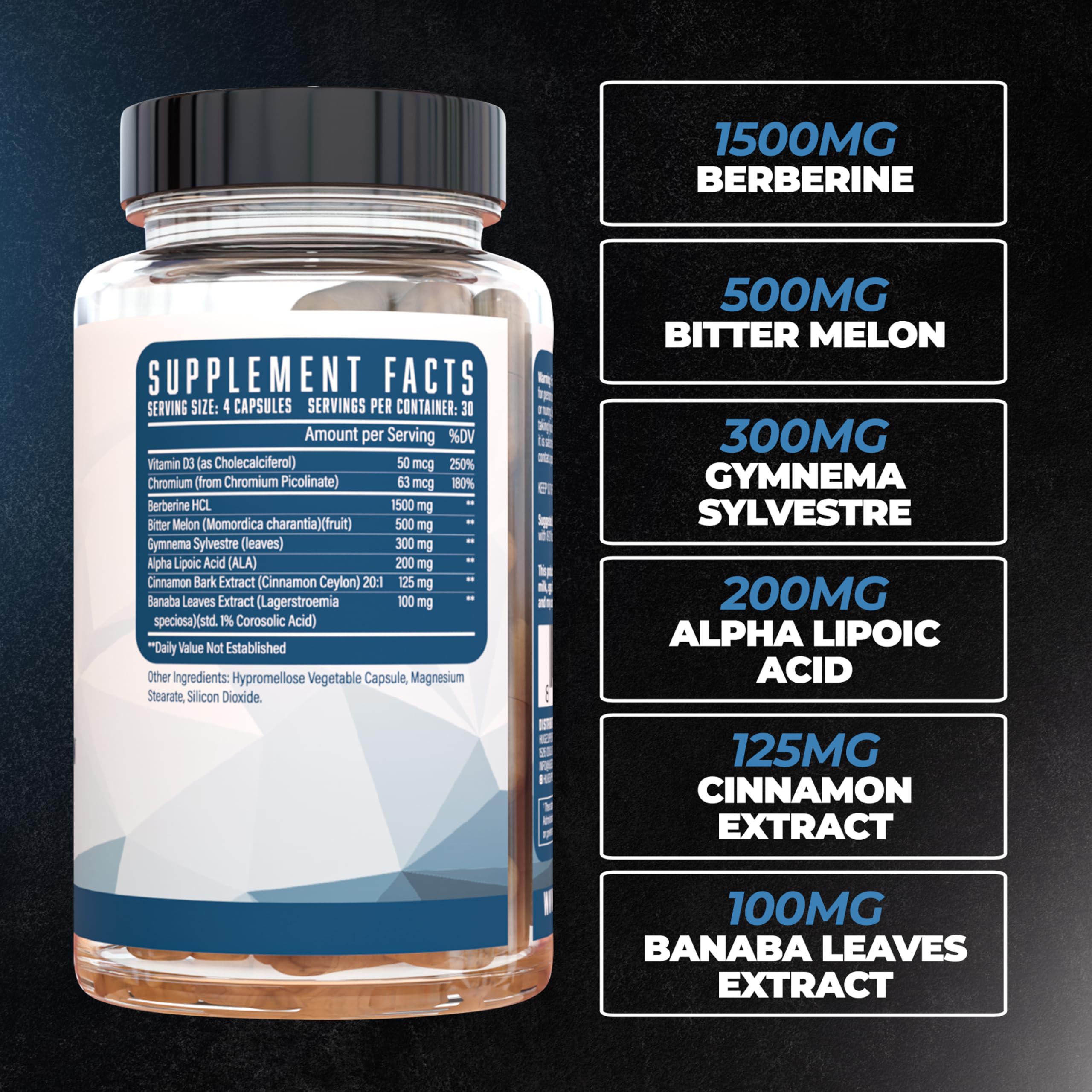 Huge Supplements Utilize GDA bottle close-up showing premium formula with berberine and cinnamon.