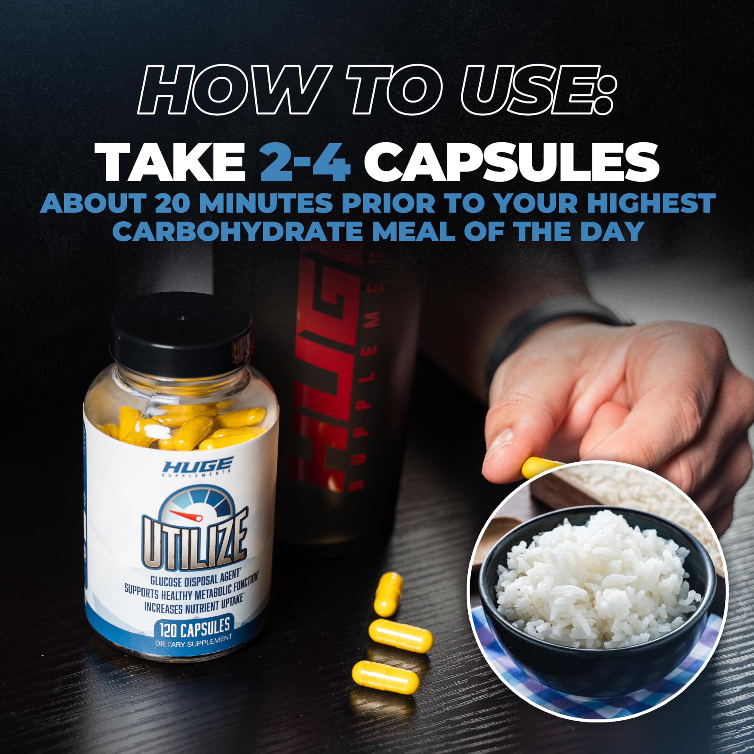 Huge Supplements Utilize GDA capsules with measuring cup, emphasizing precision dosing.