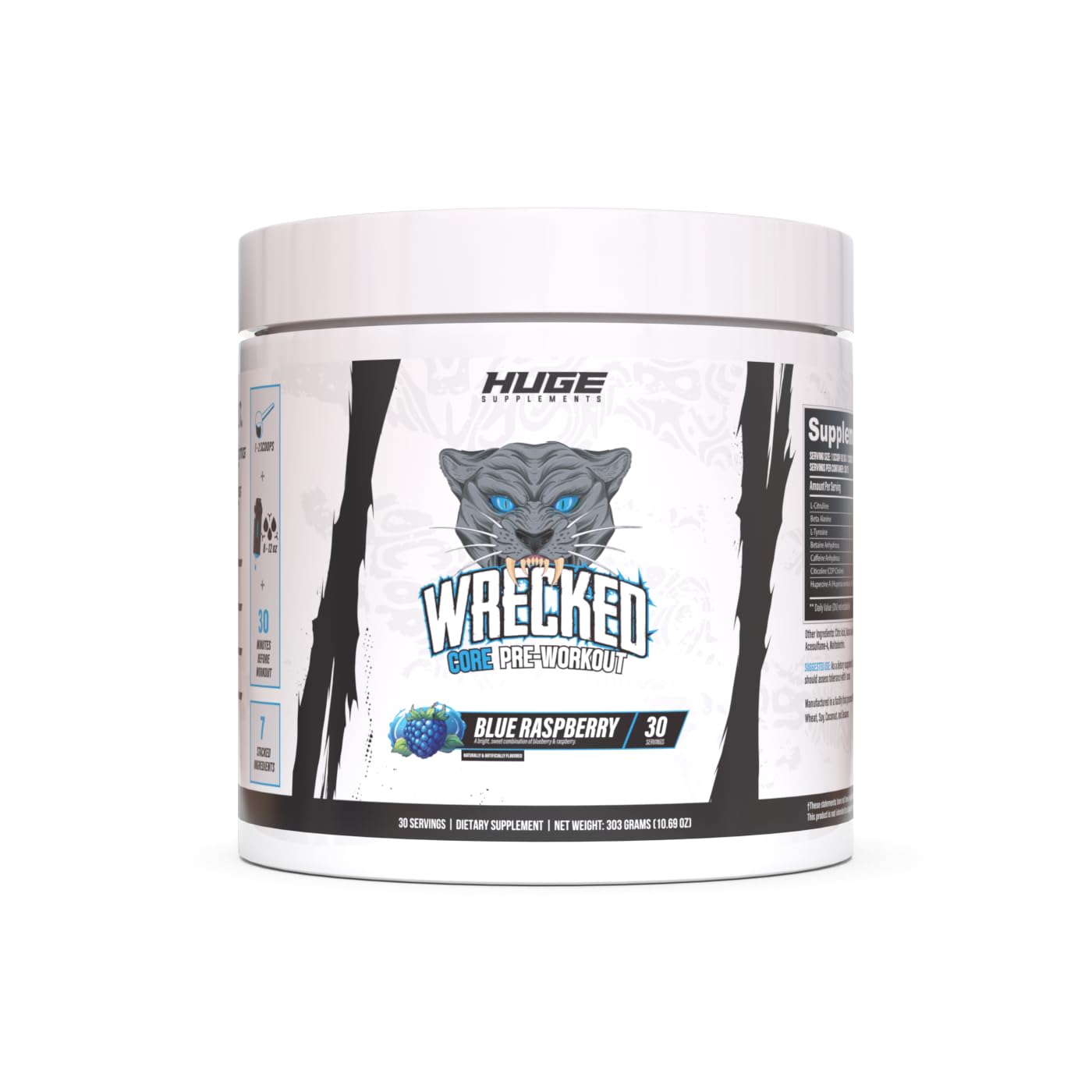 Huge Supplements Wrecked Core blue raspberry tub ready for energizing workouts