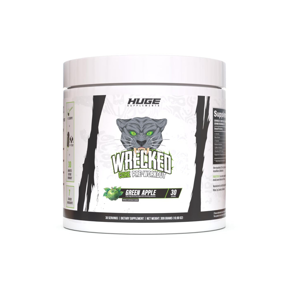 Huge Supplements Wrecked Core bottle in green apple flavor for energy.