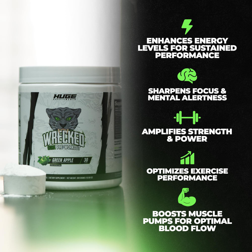 Huge Supplements Wrecked Core label close-up highlighting ingredients.