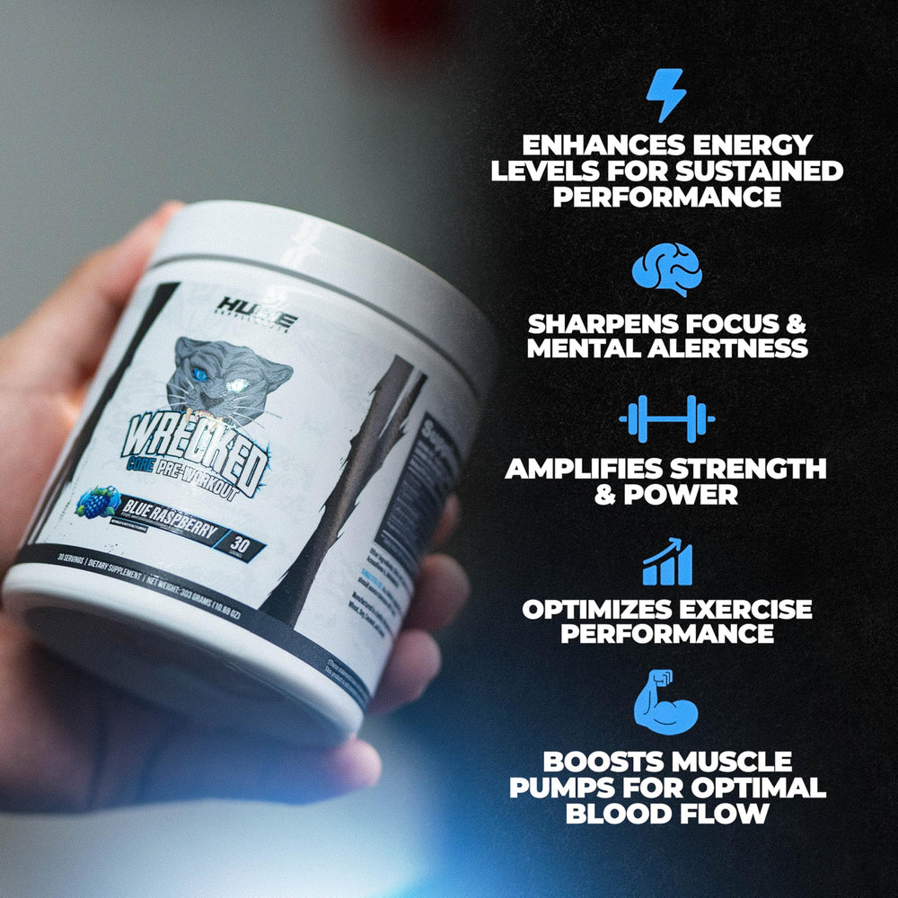 Huge Supplements Wrecked Core mixing bottle shows smooth pre-workout blend