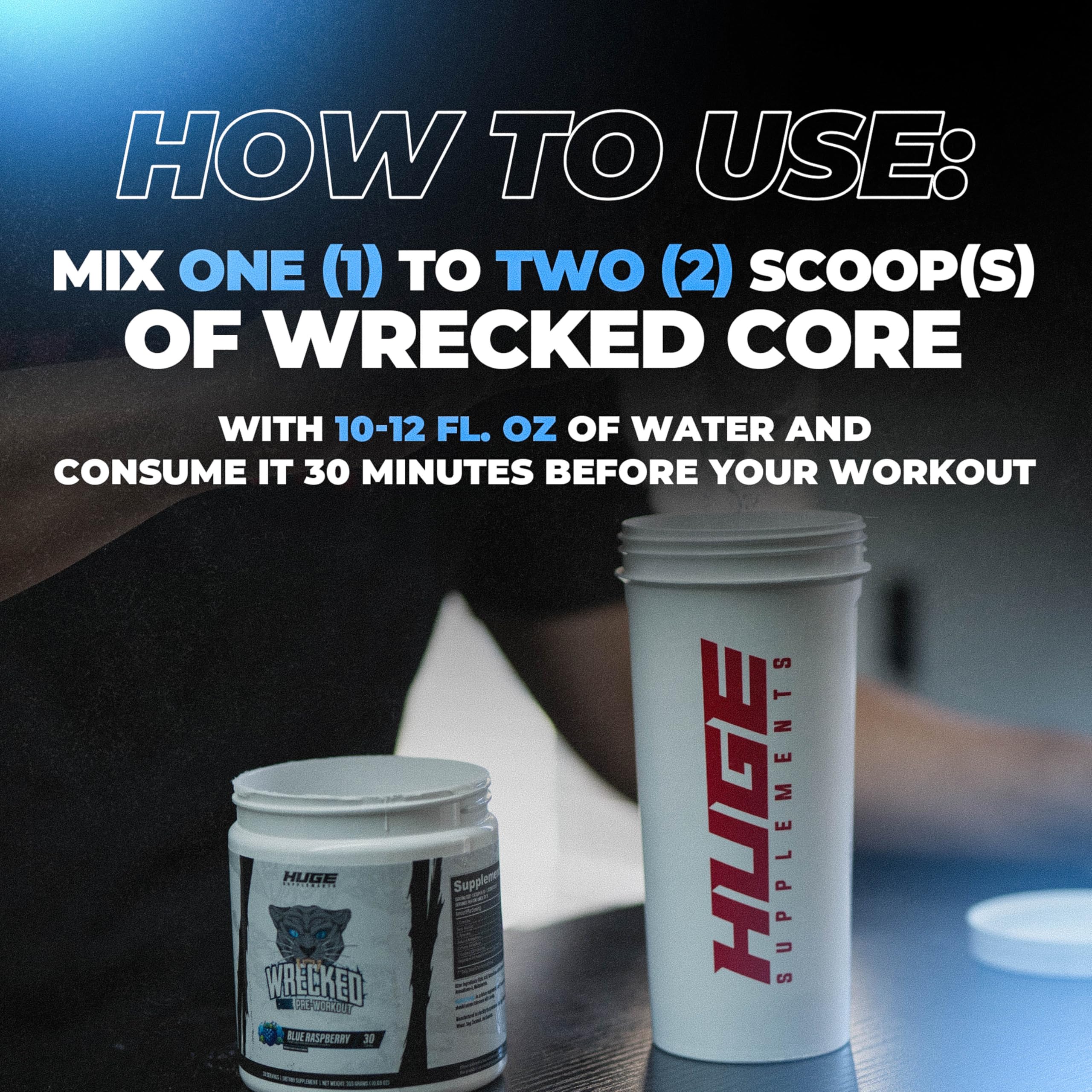 Huge Supplements Wrecked Core packaging front showcases flavor blue raspberry