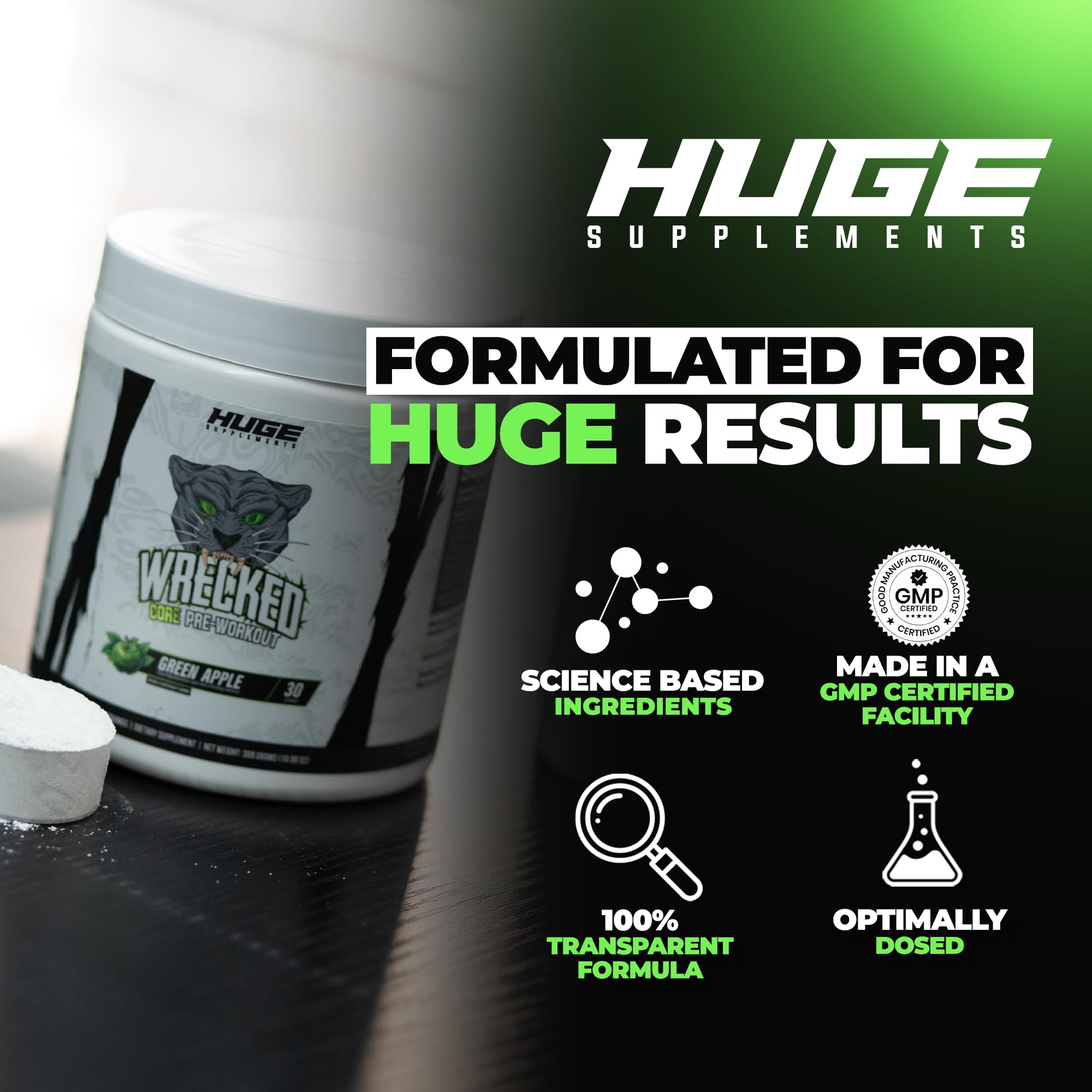 Huge Supplements Wrecked Core powder being mixed in water for a pre-workout.