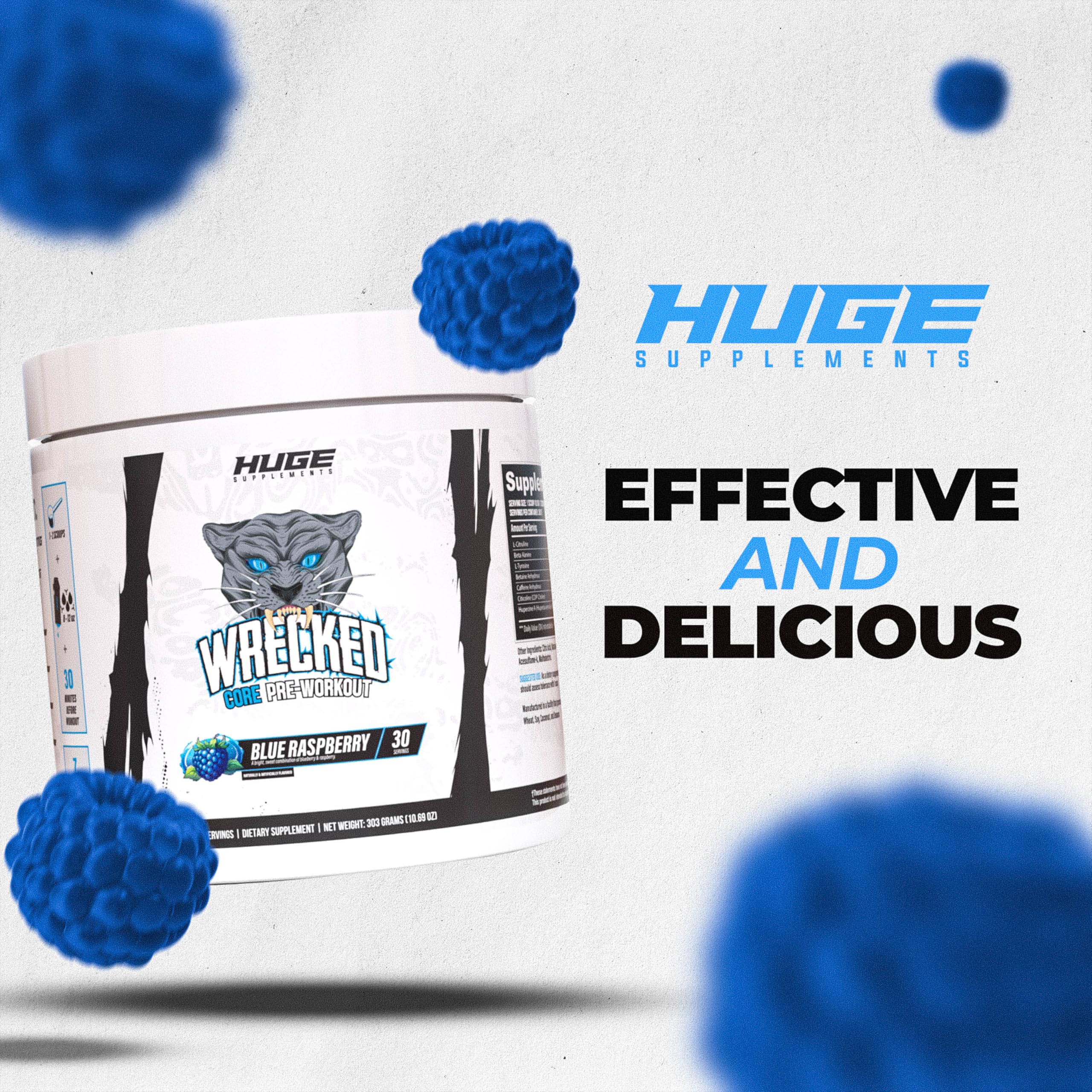 Huge Supplements Wrecked Core pre-workout display with glass of water