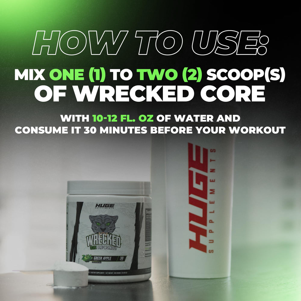Huge Supplements Wrecked Core tub close-up showcasing 30 servings.