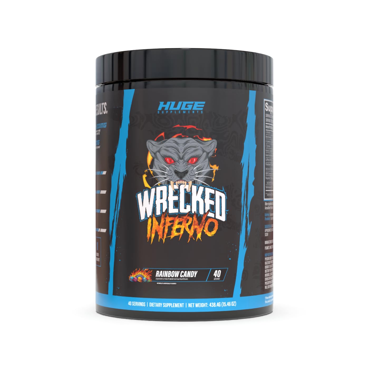 Huge Supplements Wrecked Inferno tub front shows bold energy label.