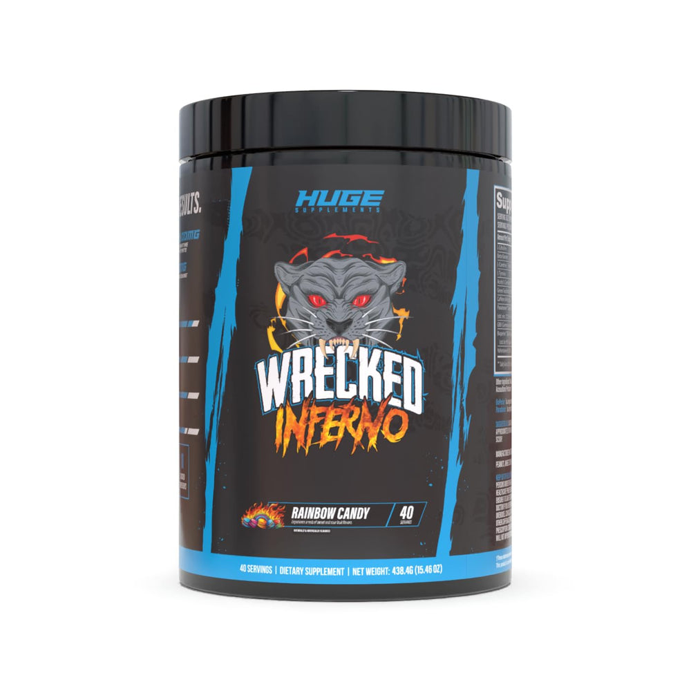 Huge Supplements Wrecked Inferno tub front shows bold energy label.