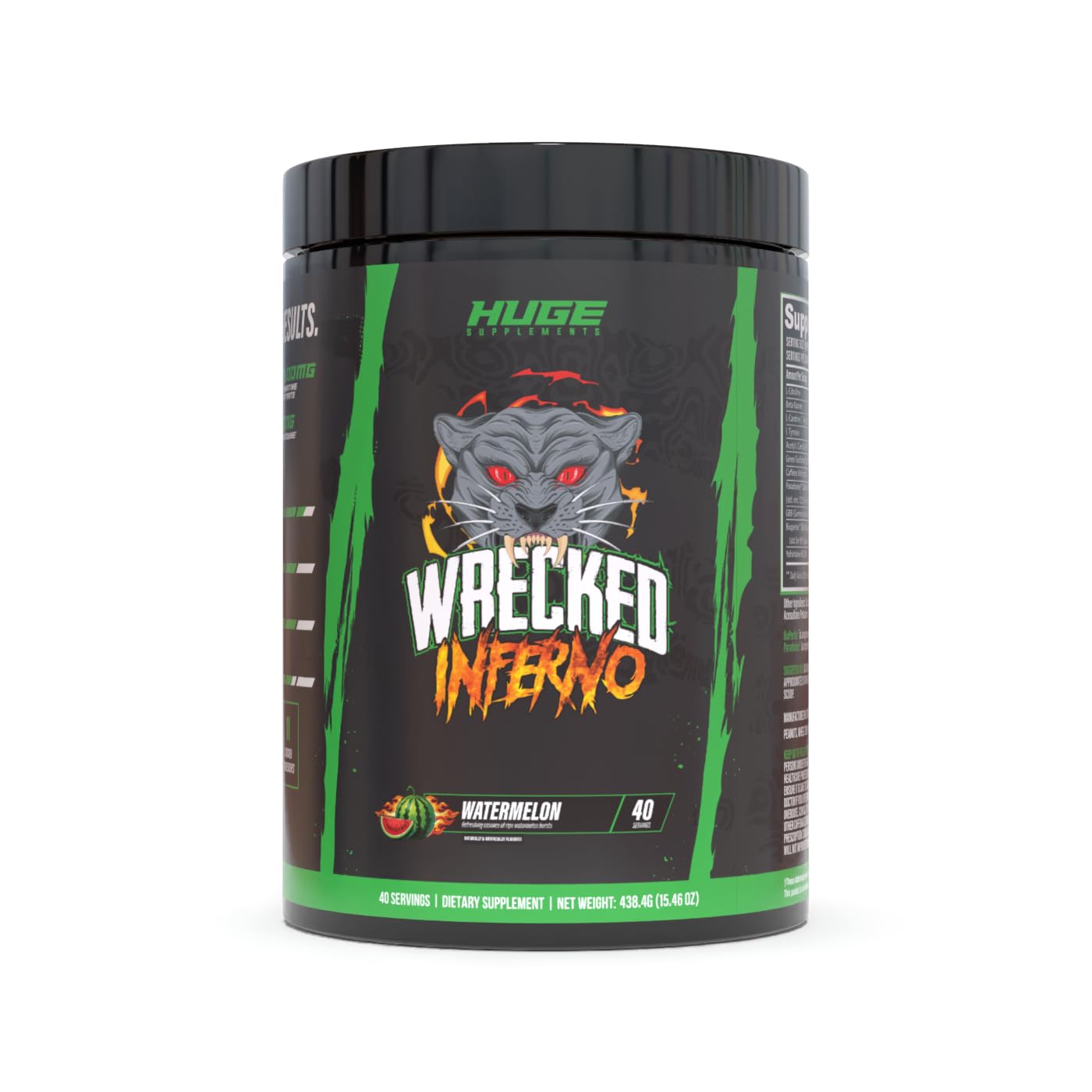 Huge Supplements Wrecked Inferno tub label close-up showing transparent ingredients
