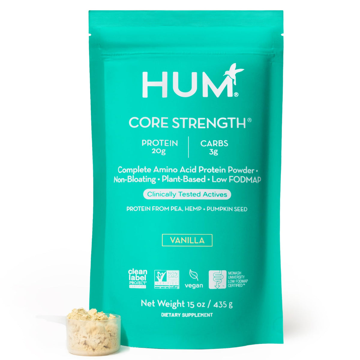 HUM Core Strength vanilla protein powder bottle with plant protein for daily workout fueling.