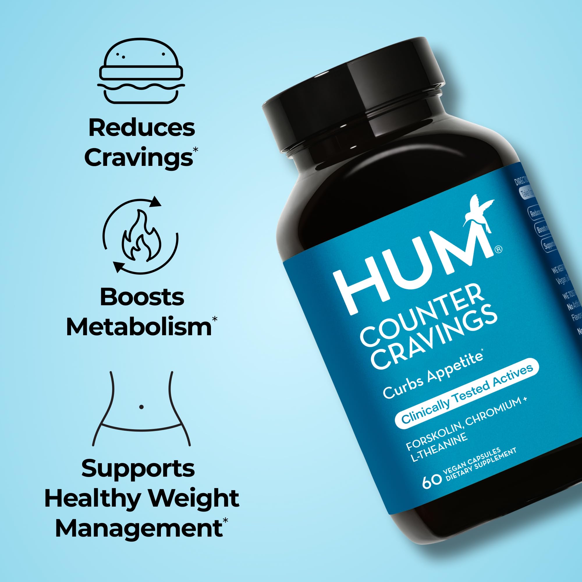 Close-up of Hum Counter Cravings label showing caffeine-free, vegan formula.
