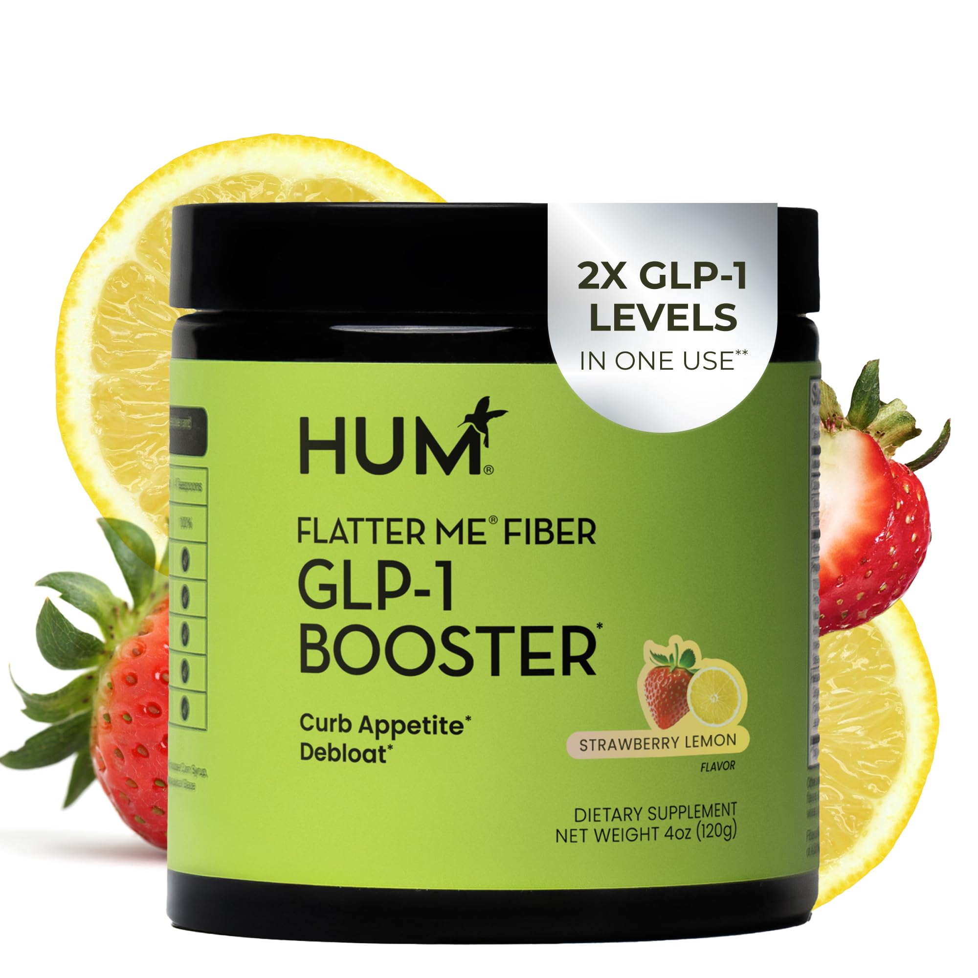 HUM Flatter Me bottle front, the fiber supplement for appetite support and gut health.