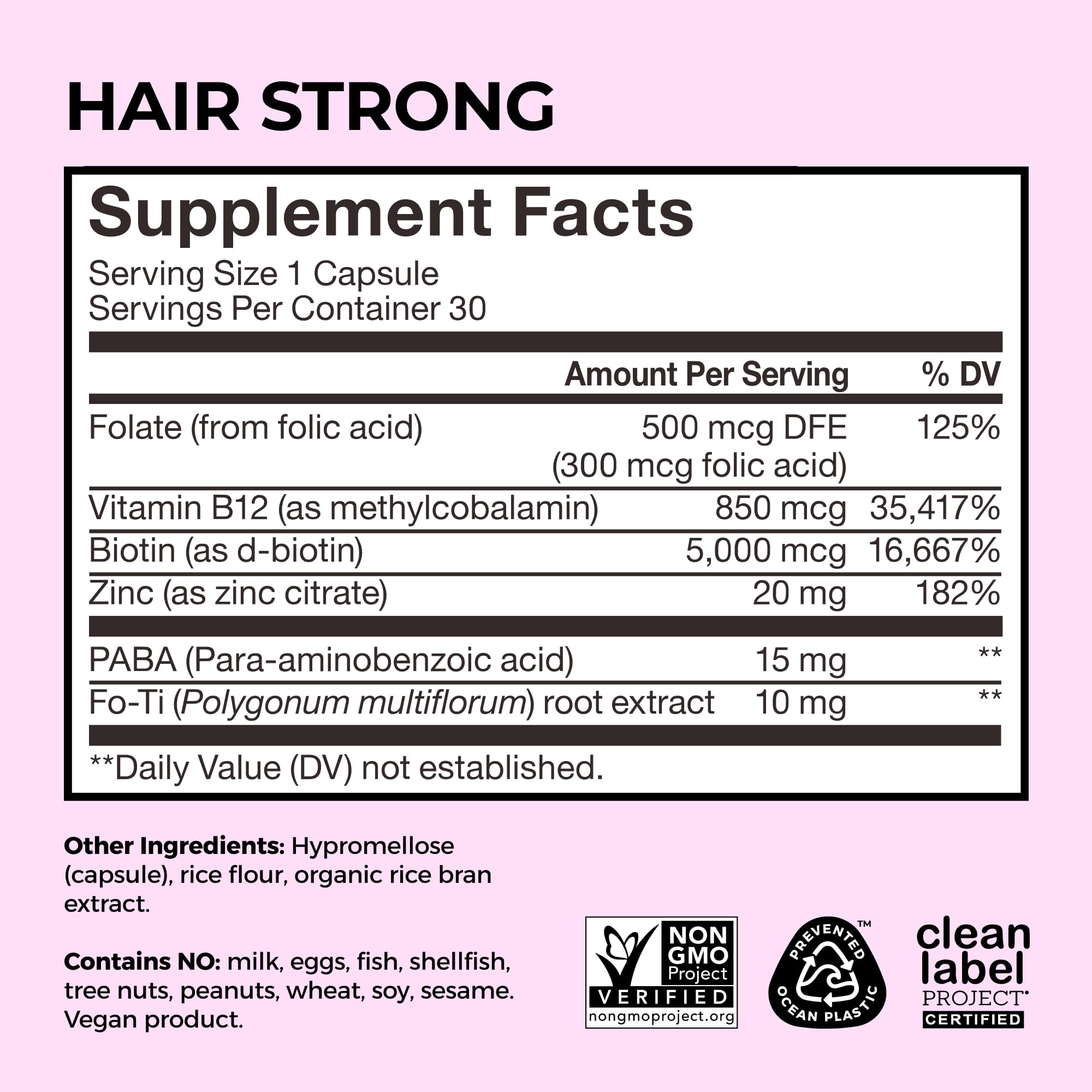Nutritional information label on HUM Hair Strong bottle