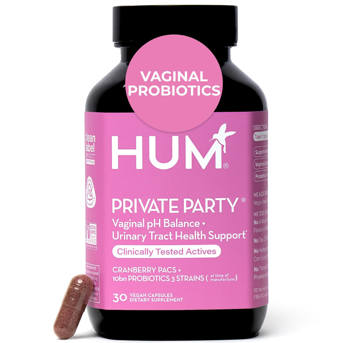 HUM Private Party Vaginal Probiotics bottle on white background