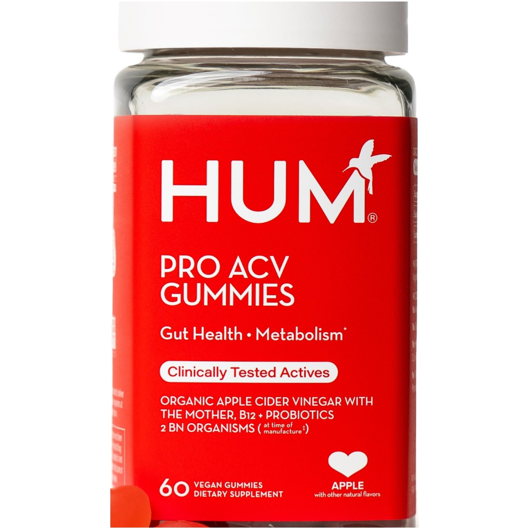 HUM Pro Apple Cider Vinegar Gummies bottle emphasizes convenient daily digestion support.