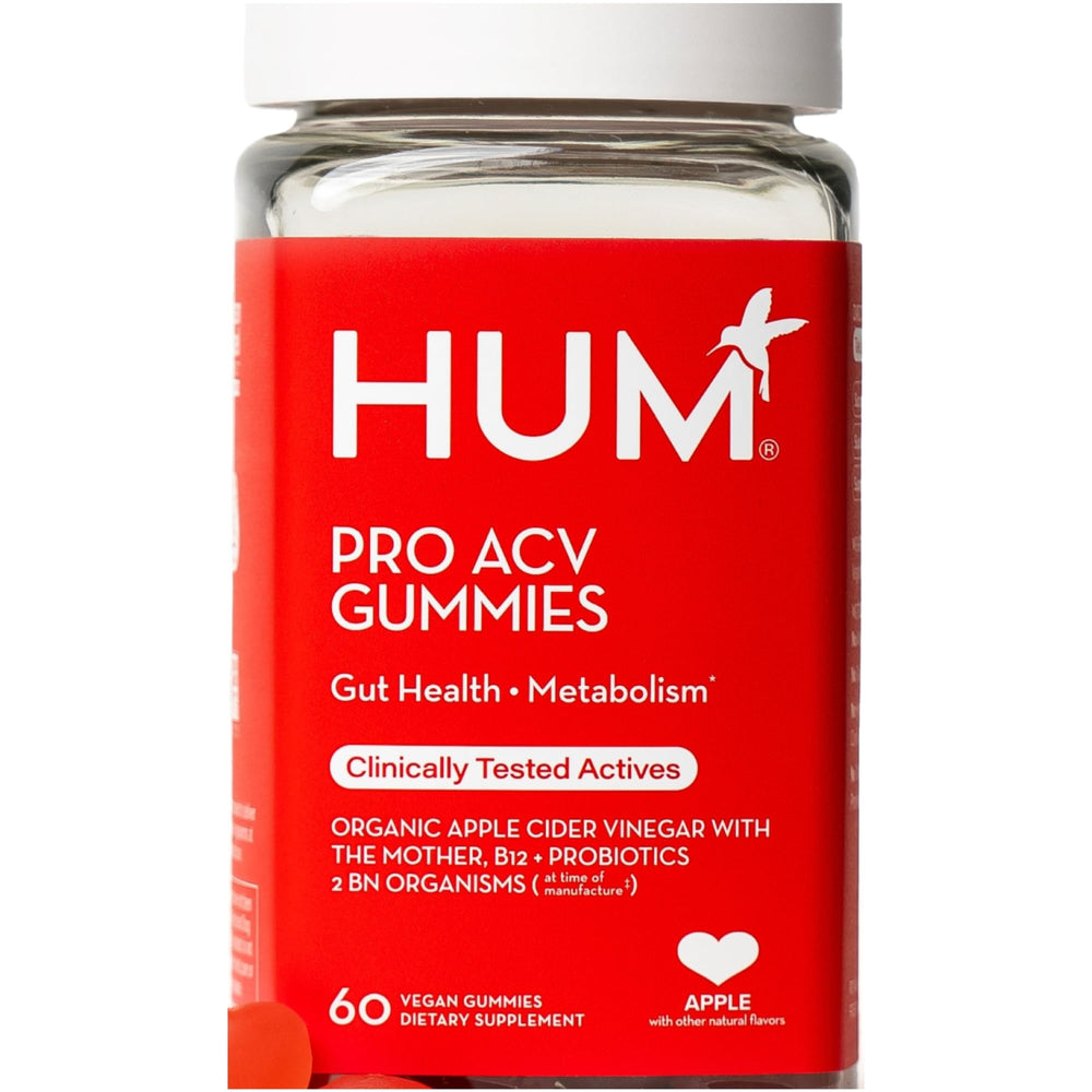 HUM Pro Apple Cider Vinegar Gummies bottle emphasizes convenient daily digestion support.