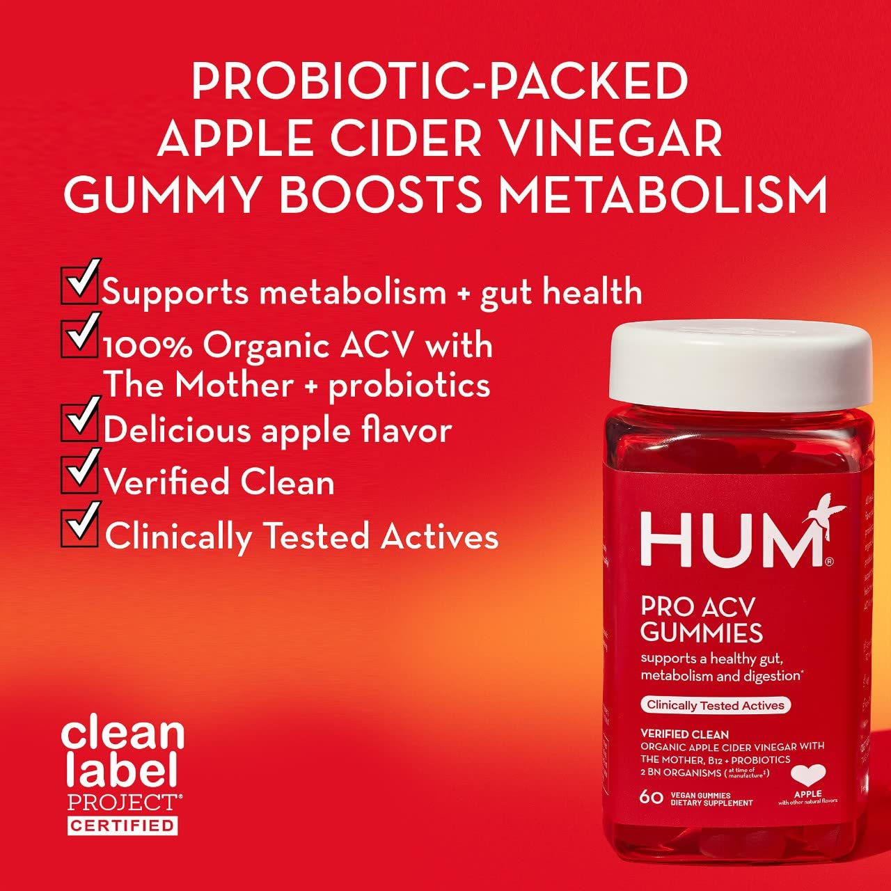 HUM Pro probiotics label showing Clean Label Project certification and non-GMO promise.