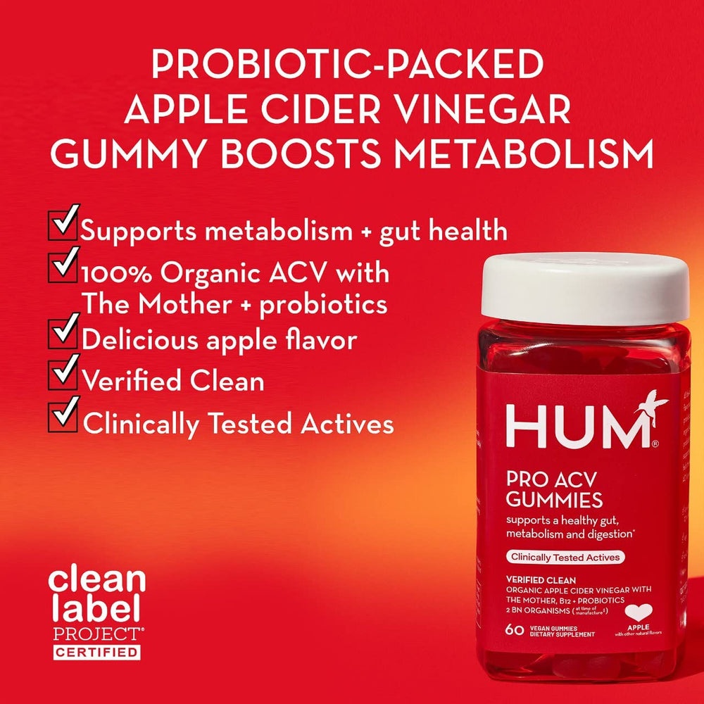 HUM Pro probiotics label showing Clean Label Project certification and non-GMO promise.
