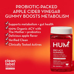 HUM Pro probiotics label showing Clean Label Project certification and non-GMO promise.