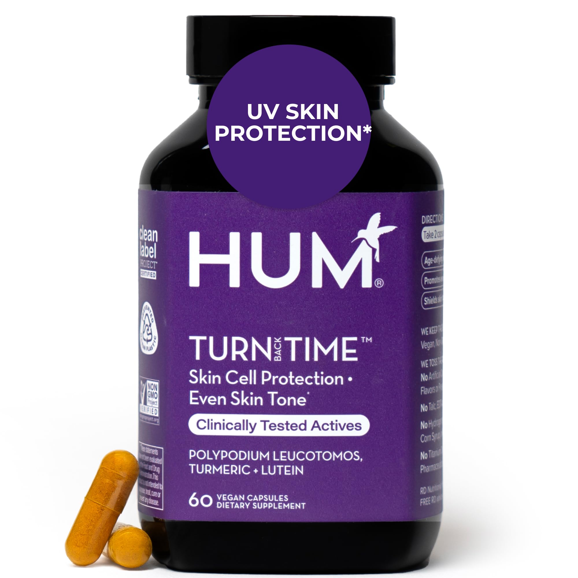 HUM Turn Back Time turmeric supplement bottle on white background