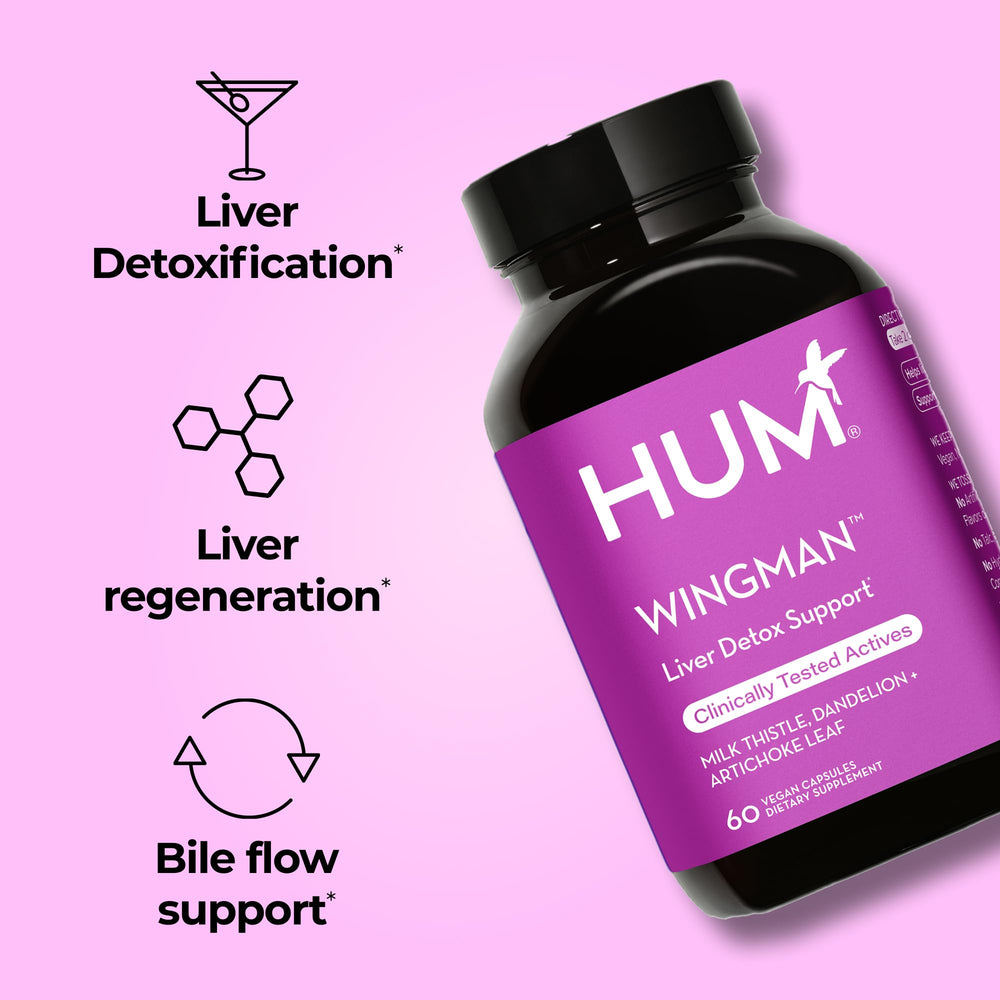 Close-up of 60 vegan capsules in HUM Wing Man Liver Support bottle
