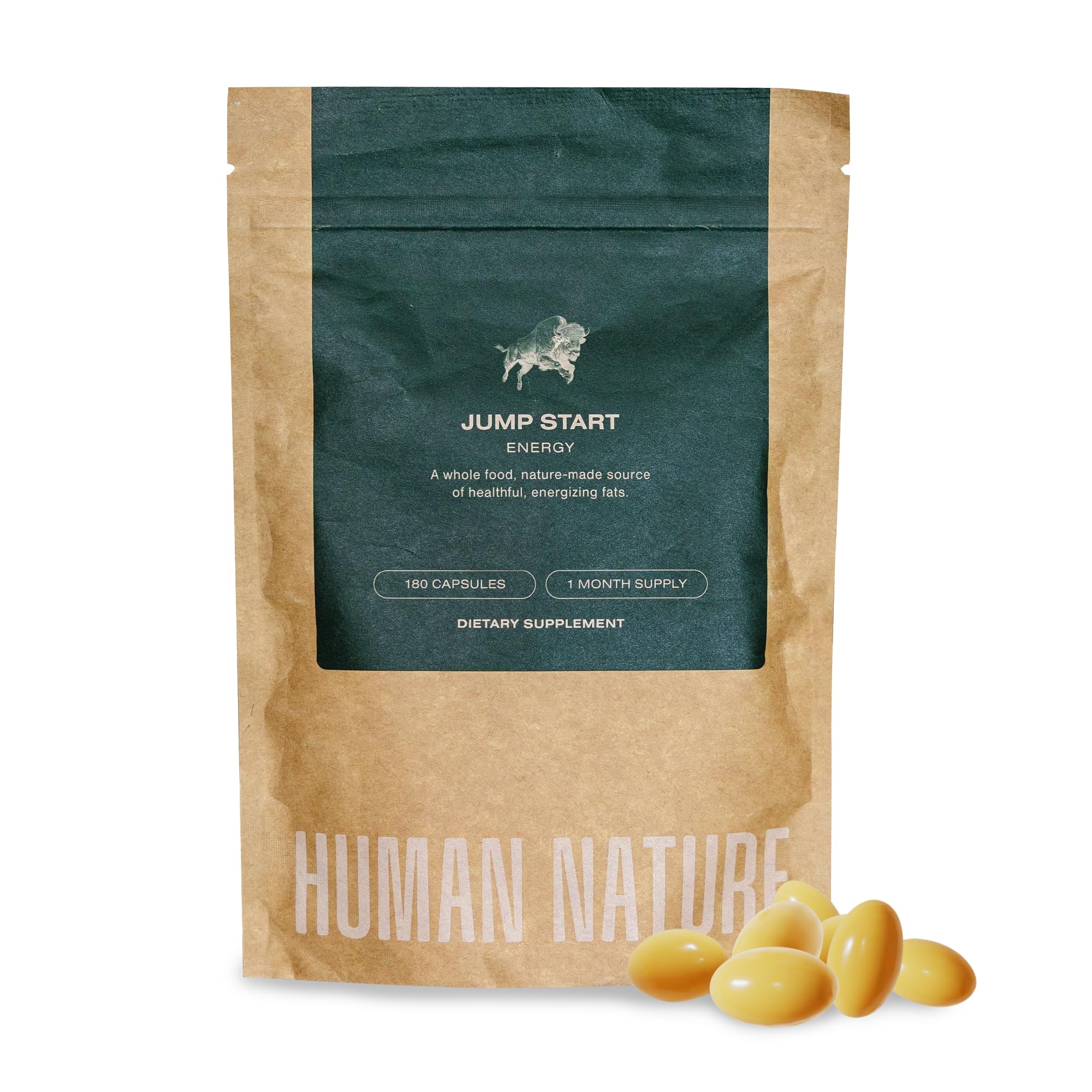 HUMAN NATURE Jump Start bison tallow bottle illustrating natural energy support.