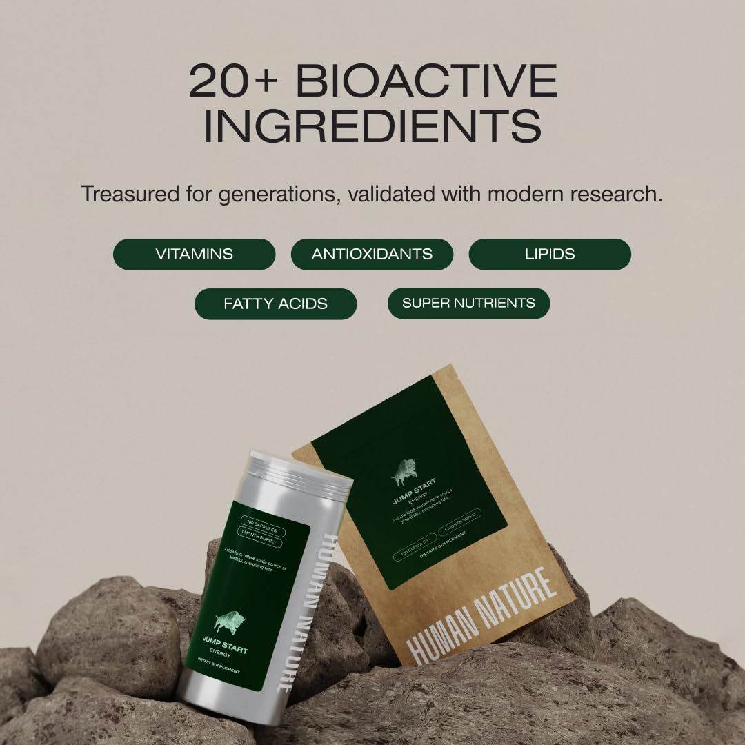 HUMAN NATURE Jump Start ingredients image highlights omega-3 and CLA for brain support.