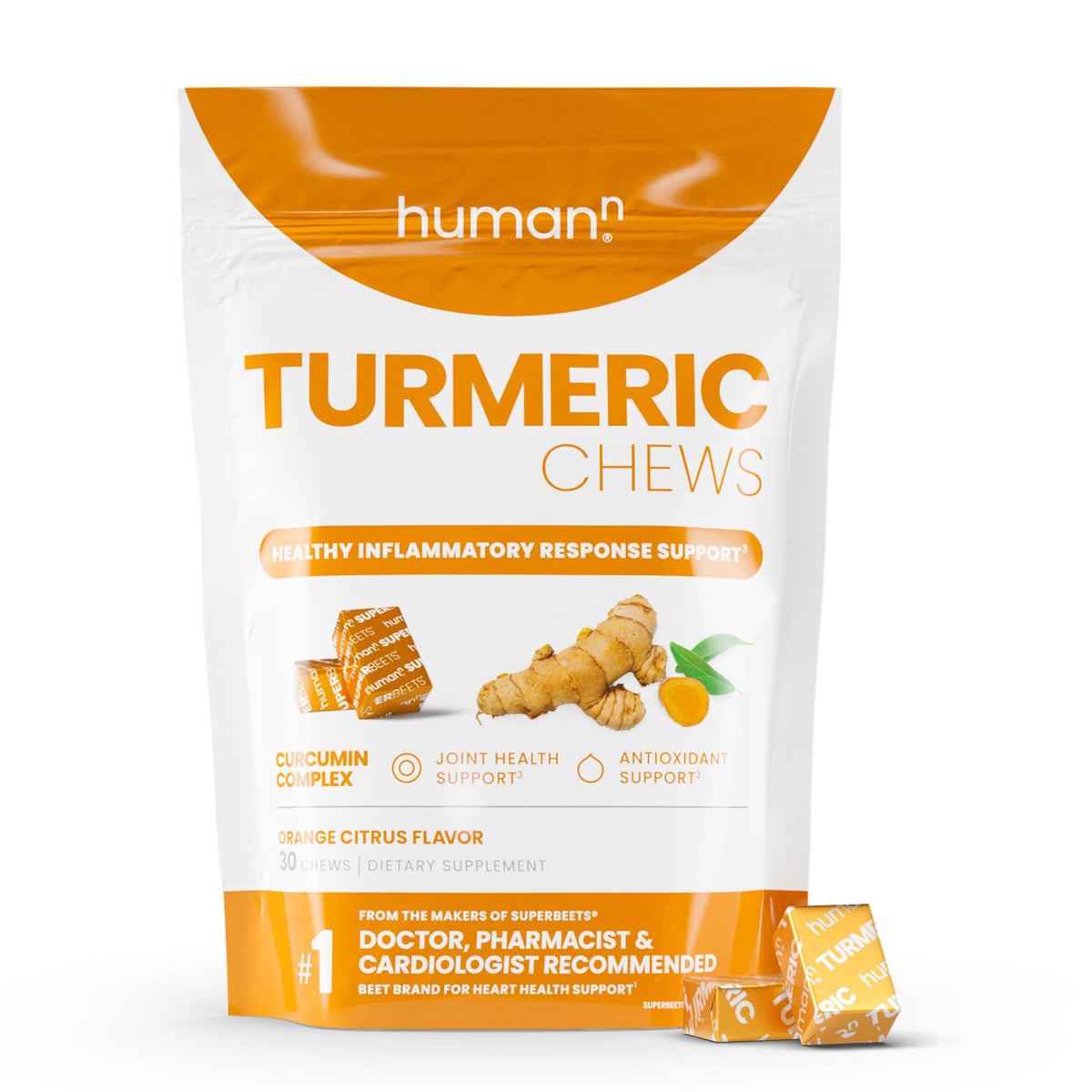 Front of HumanN Turmeric Chews Orange Citrus 30-count bottle