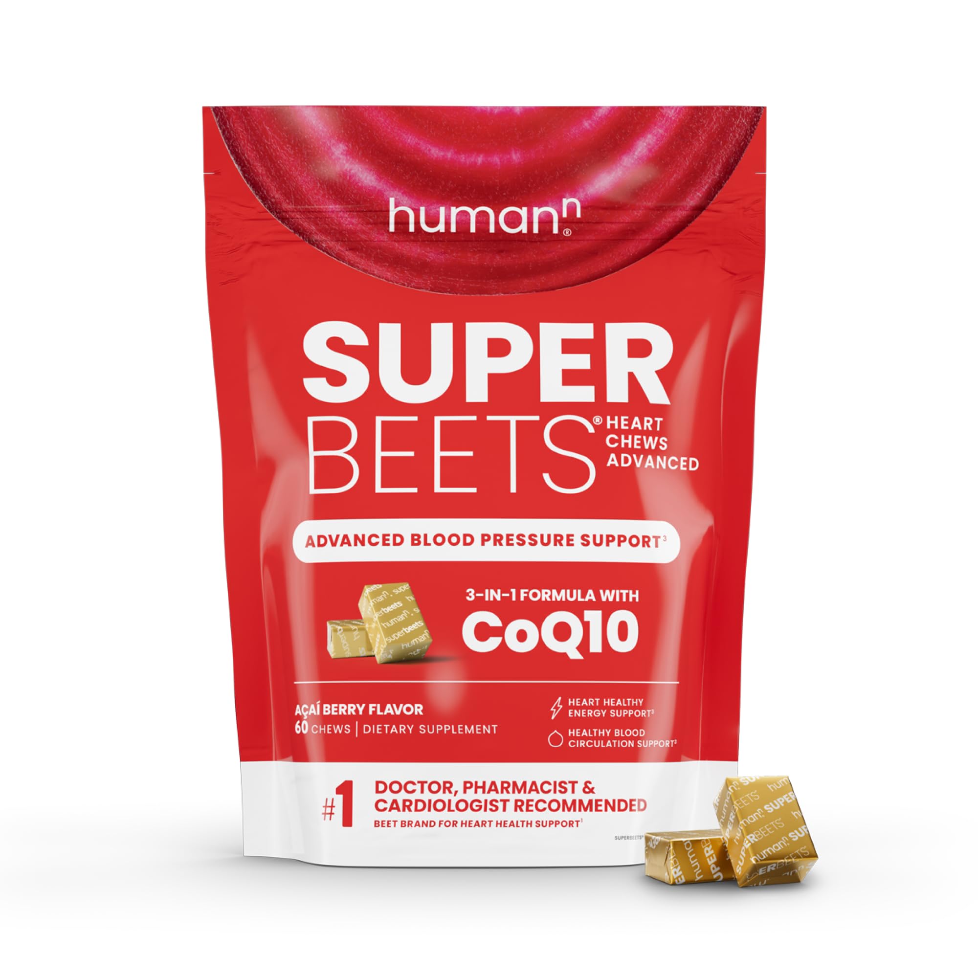 humanN SuperBeets Heart Chews Advanced bottle and label on white