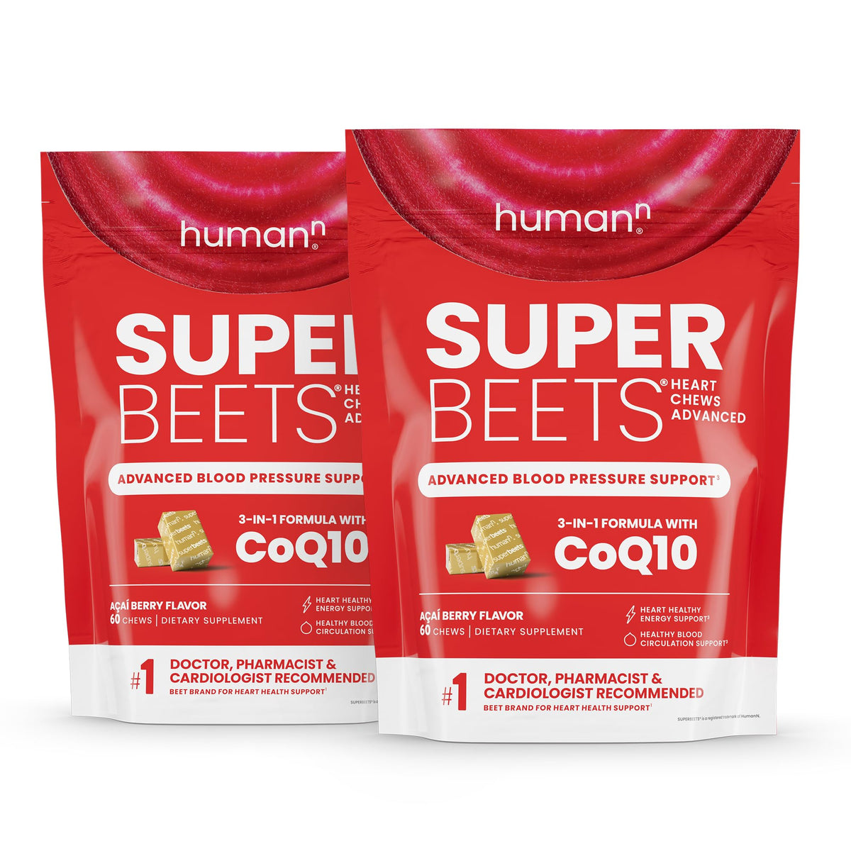 Hero image of HumanN SuperBeets Heart Chews Advanced bottle with label visible