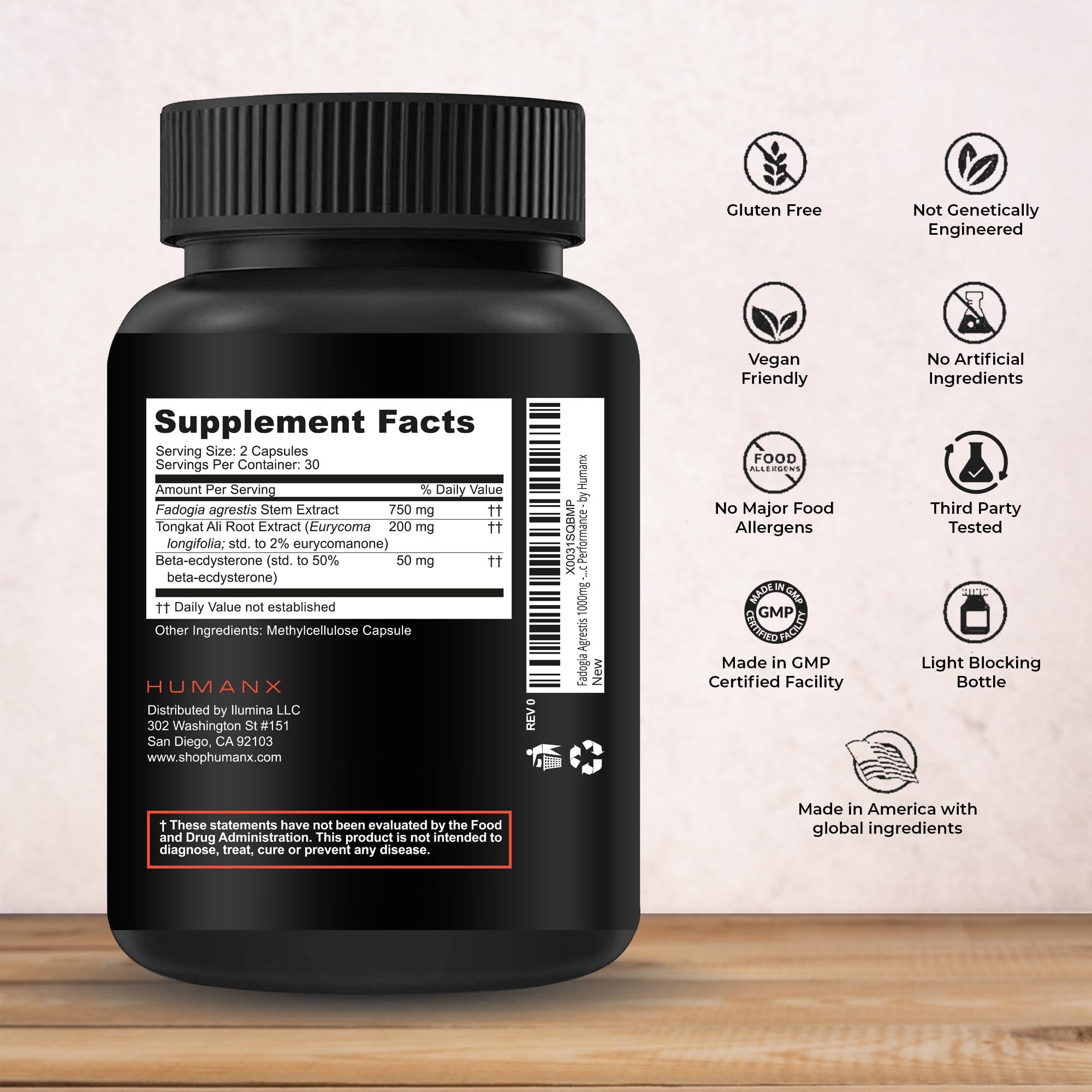 HUMANX capsules illustrating the triple extract blend for training and muscle support