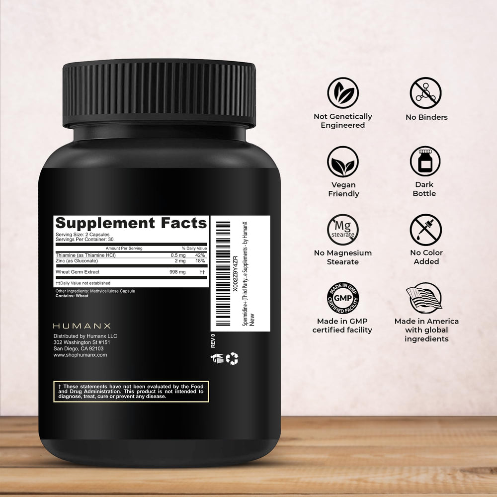 Close-up of ingredients: spermidine-rich wheat germ extract, thiamine and zinc