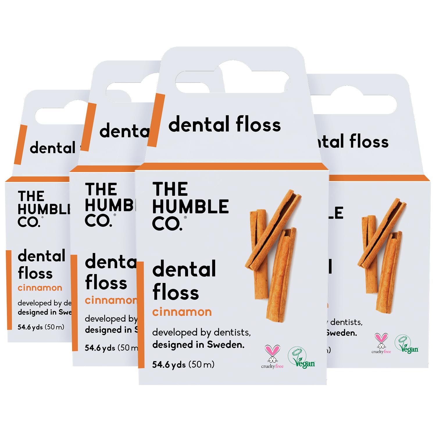 Front of The Humble Co. 4-pack Cinnamon dental floss packaging