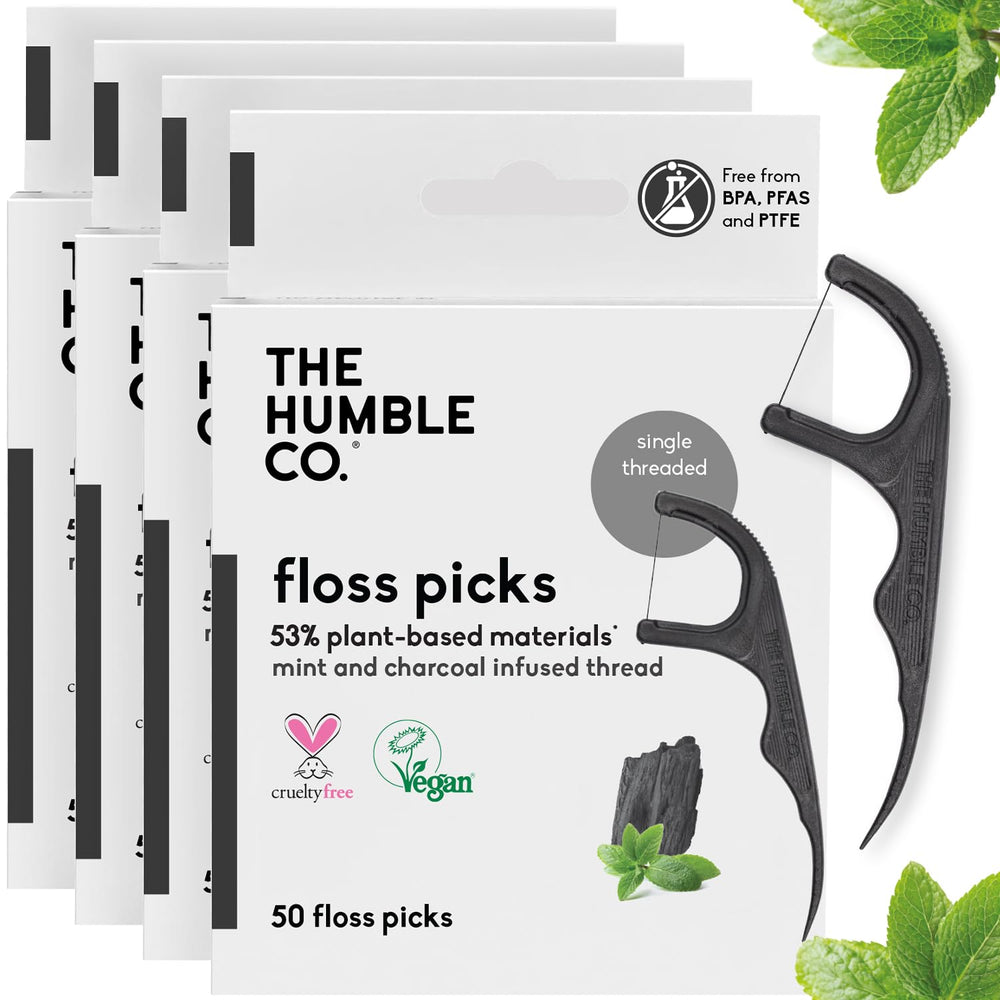 The Humble Co. Floss Picks Charcoal Single Thread 200-count package front view