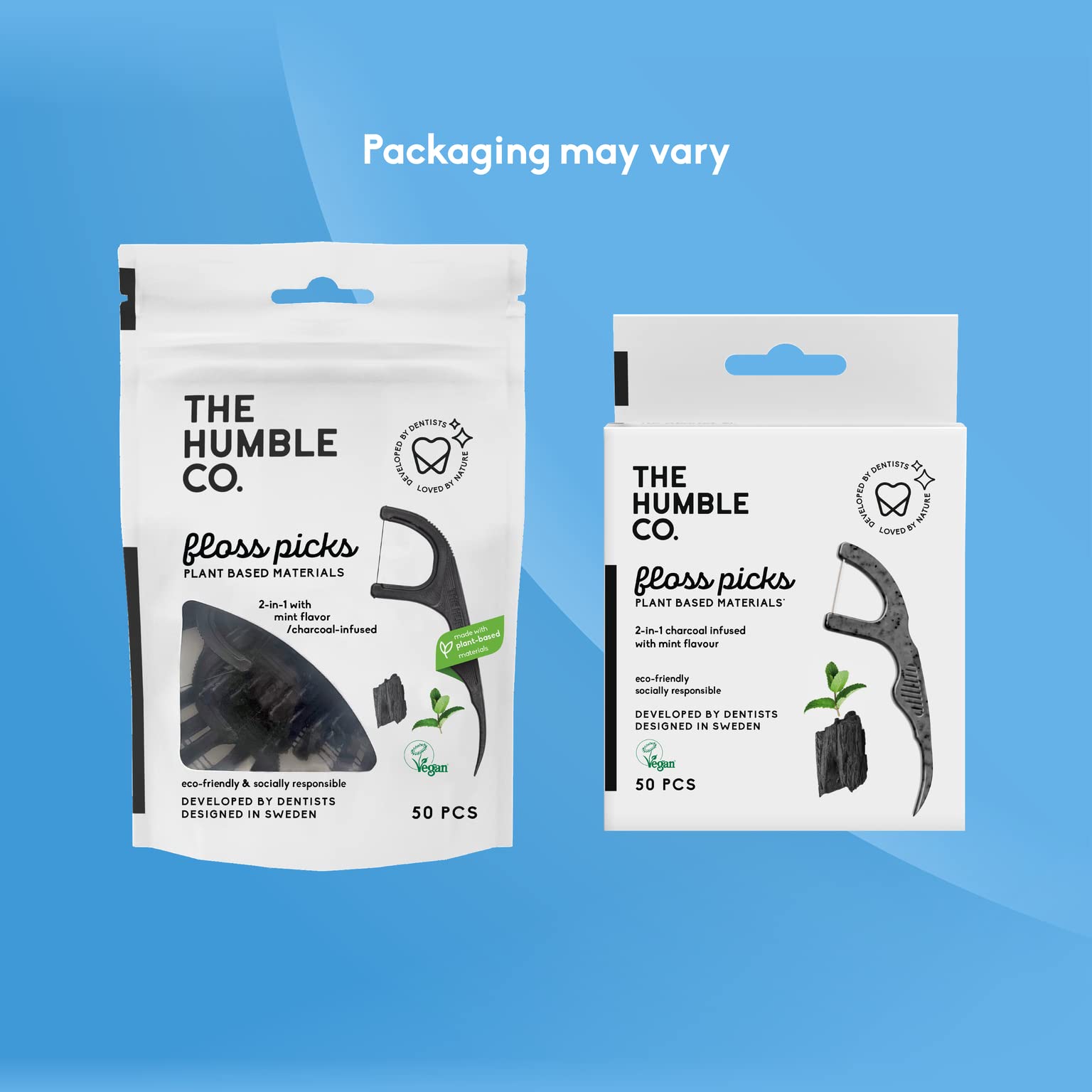Reduced-plastic dental floss picks highlighting sustainable materials