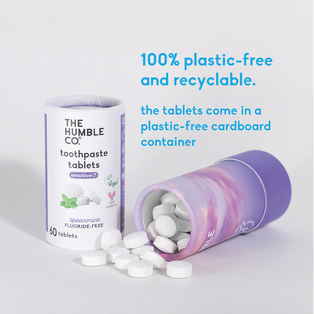 Plastic-free packaging of Humble Co toothpaste tablets