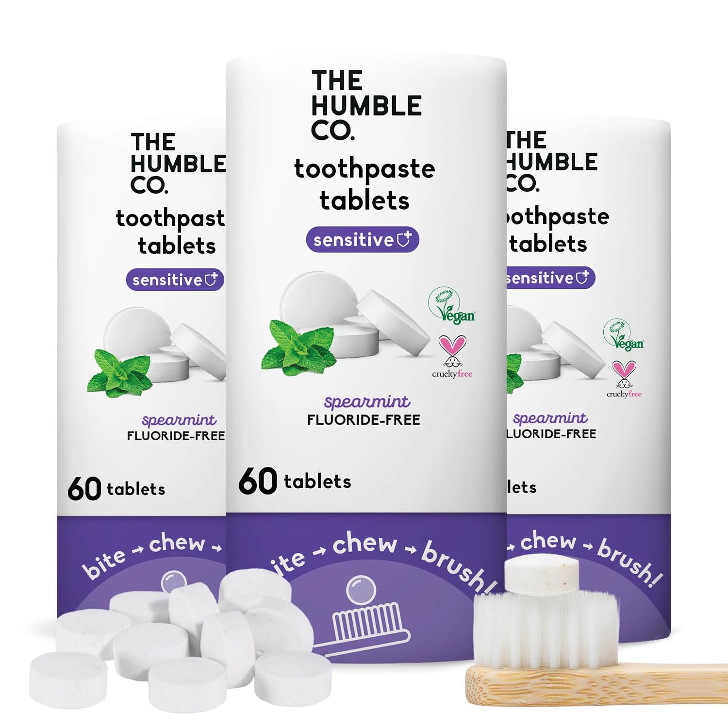 Front packaging of Humble Co Sensitive Toothpaste Tablets Spearmint 3PK