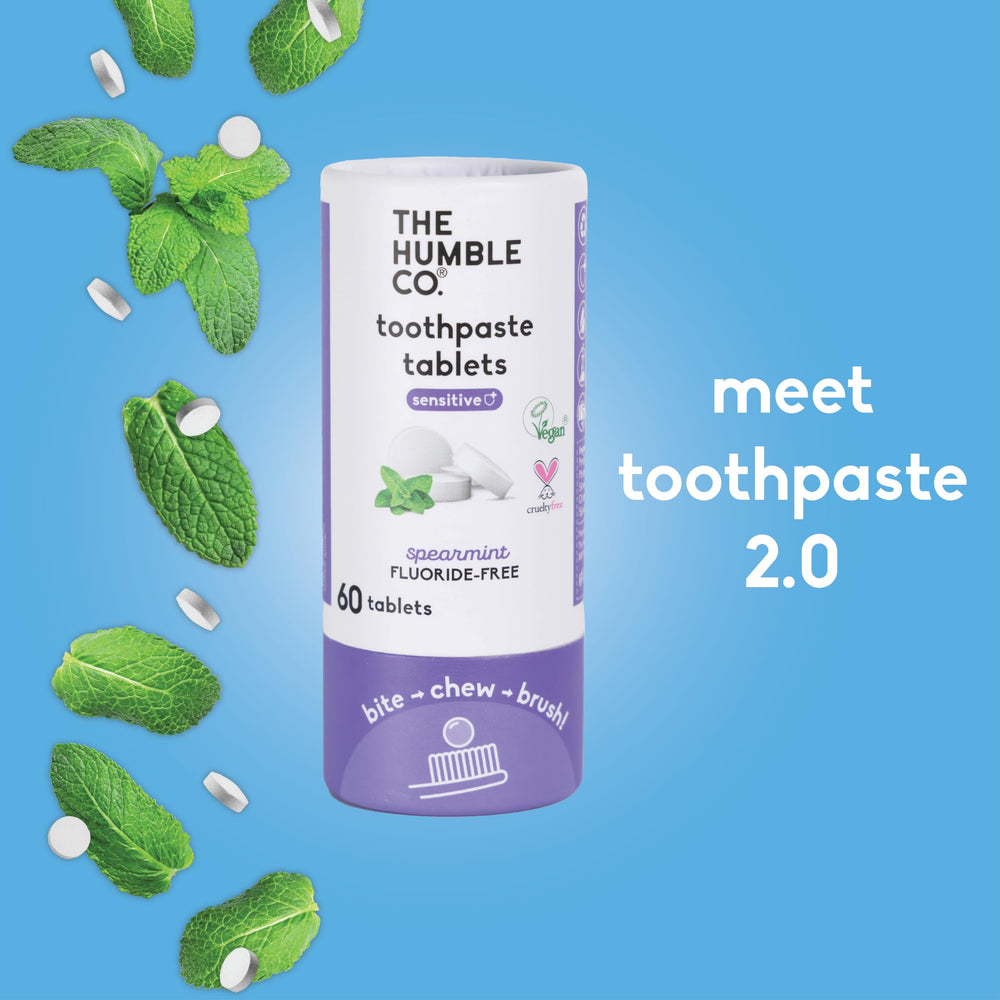 Close-up of Humble Co toothpaste tablets in spearmint flavor