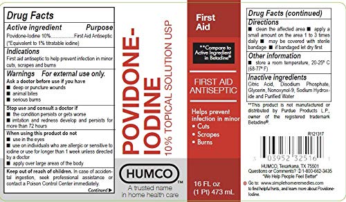 Humco 232516001 16 oz povidone iodine antiseptic bottle side view