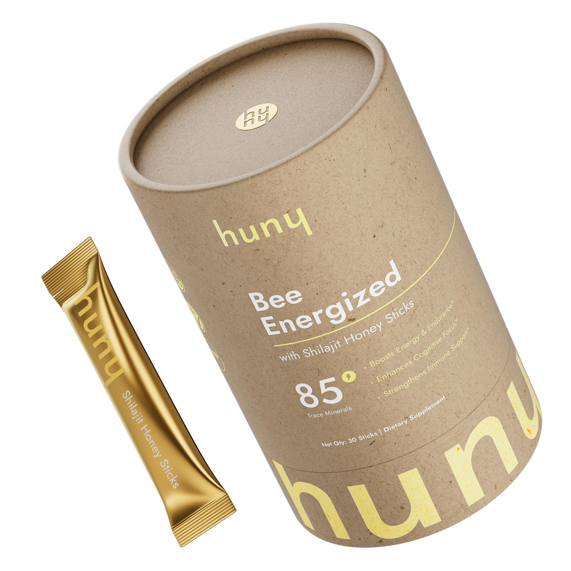 Front of the HUNY Bee Energized Shilajit Honey Sticks 30-count box