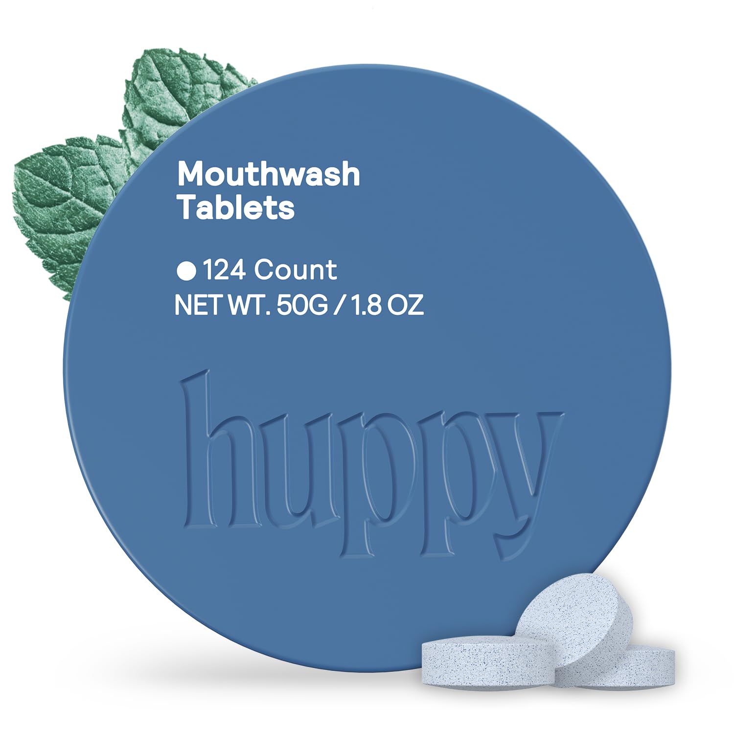 Huppy Mouthwash Tablets tin packaging with Cool Mint flavor