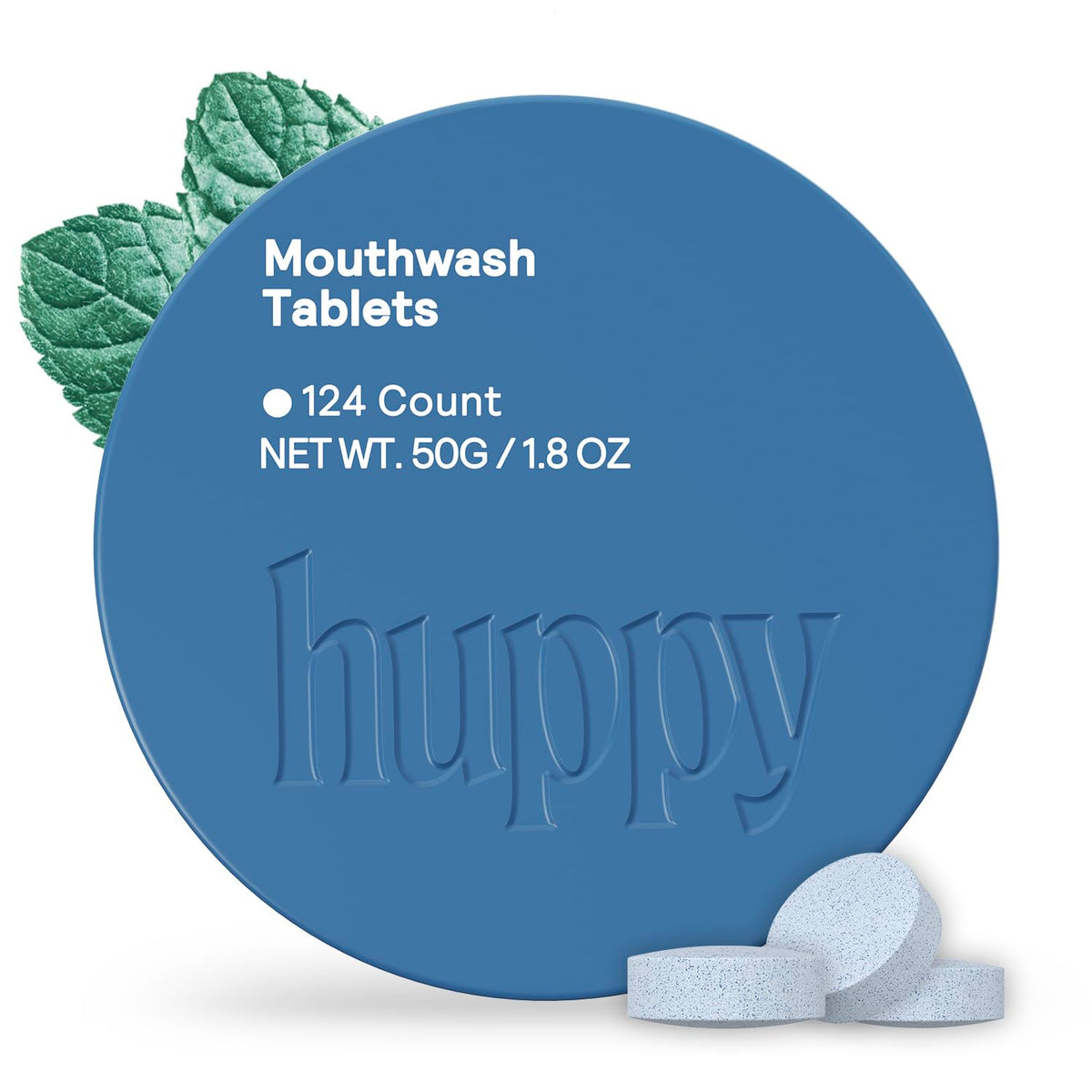 Huppy Mouthwash Tablets tin packaging with Cool Mint flavor