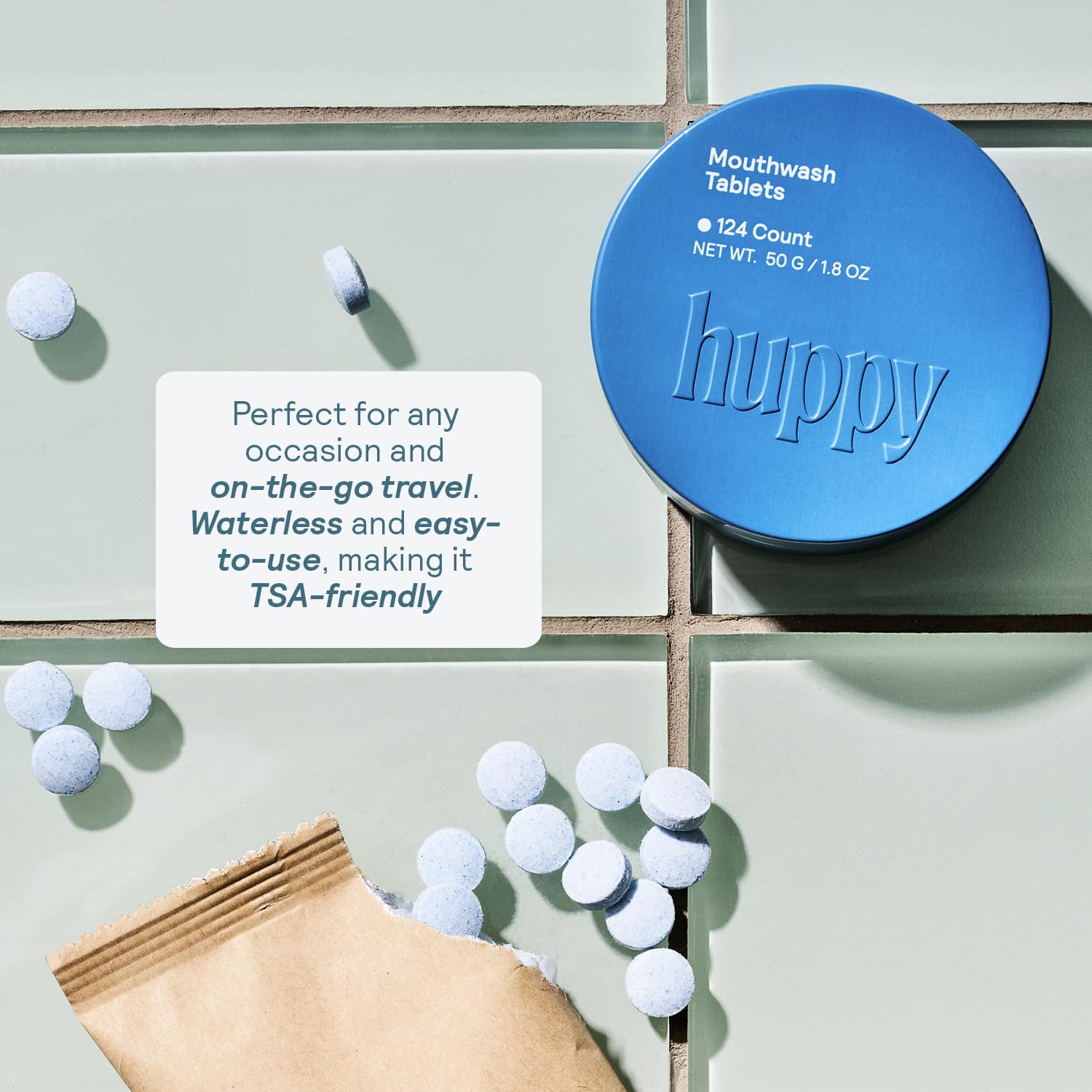 Travel-friendly tin design for Huppy Mouthwash Tablets