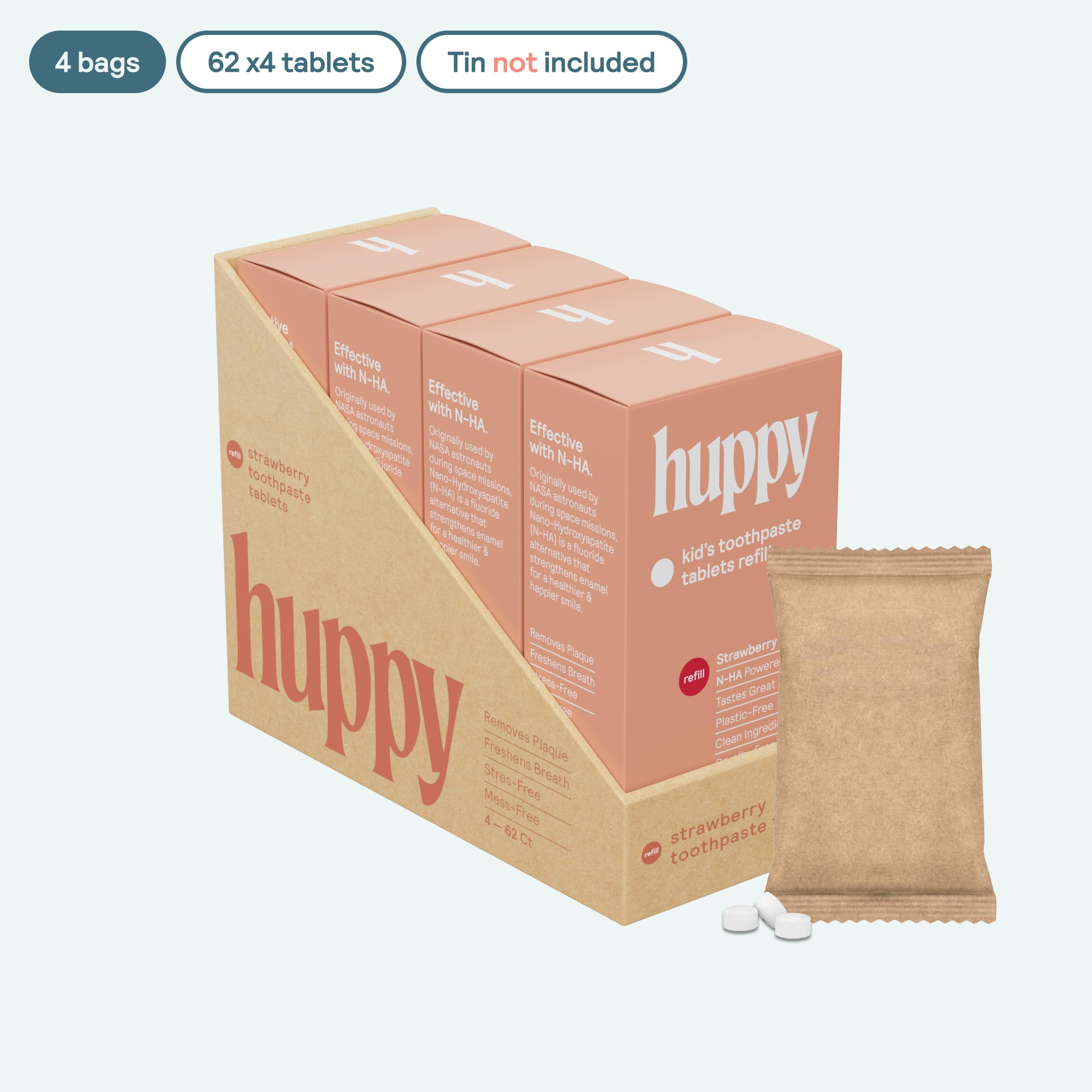 Close-up of HUPPY Strawberry toothpaste tablets in container