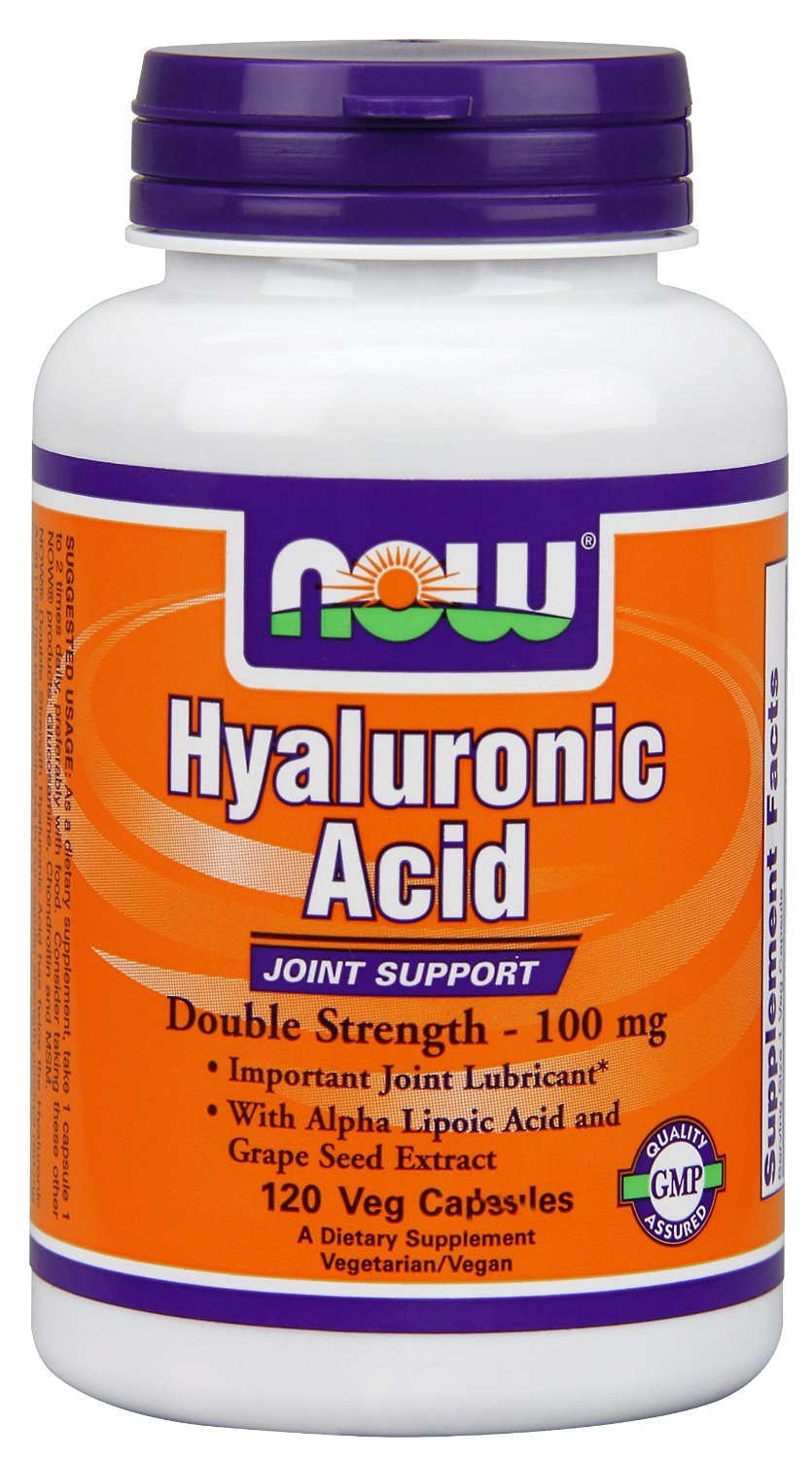 NOW Foods Hyaluronic Acid 2X Plus Veg Capsules bottle label – 100 mg, vegan capsule, 120 count, Pack of 2